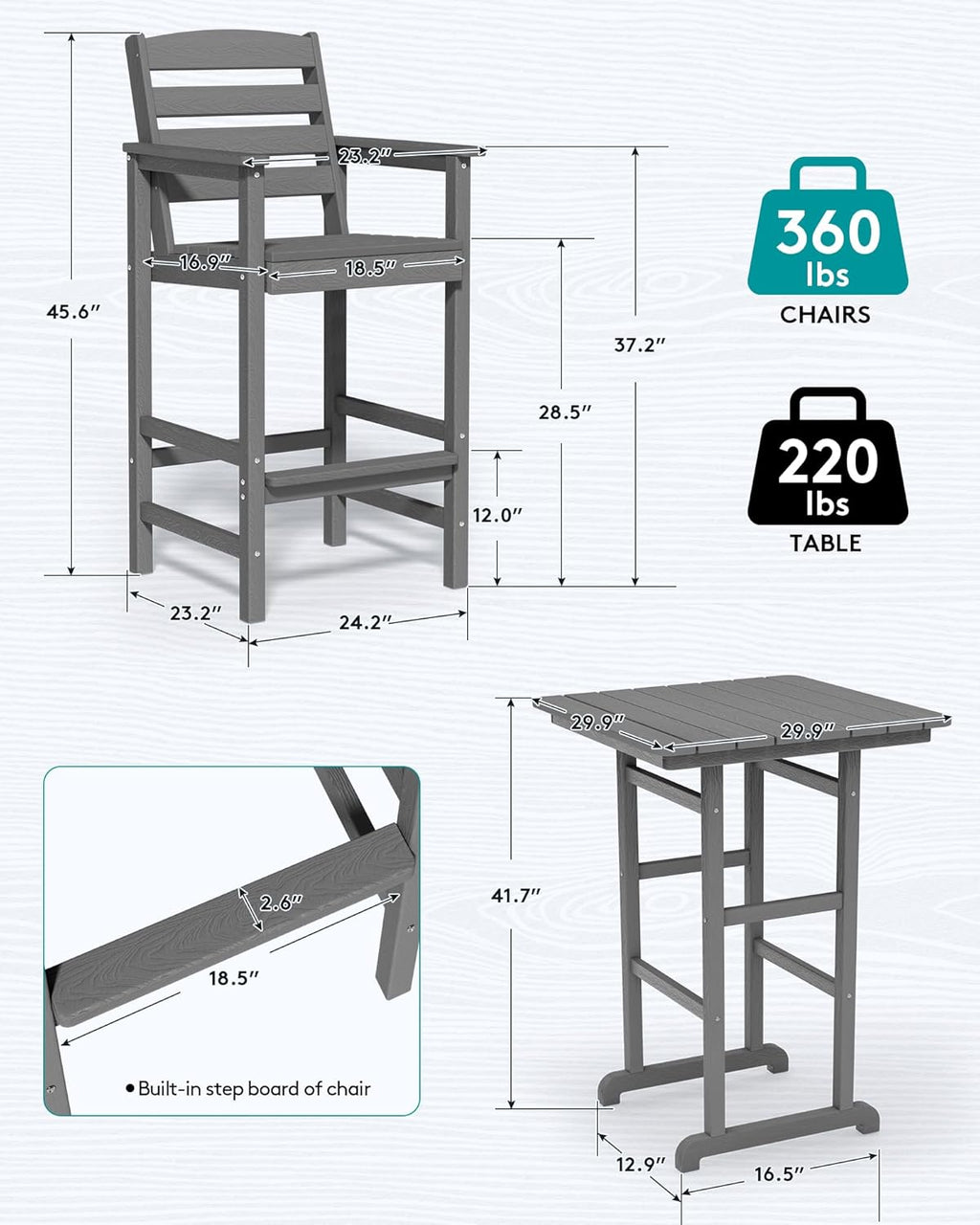 SERWALL 4 Pieces Outdoor Patio Bar Set with 9ft Umbrella  Outdoor HDPE Barstool and Table Furniture Set with Patio Umbrella  Gray