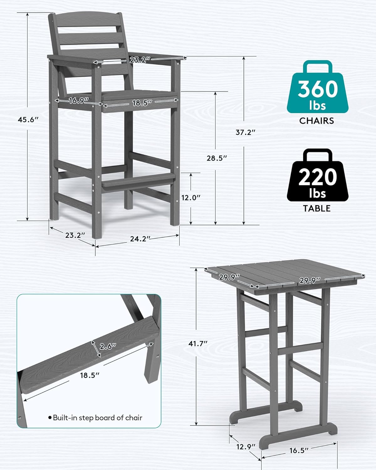 SERWALL 4 Pieces Outdoor Patio Bar Set with 9ft Umbrella  Outdoor HDPE Barstool and Table Furniture Set with Patio Umbrella  Gray
