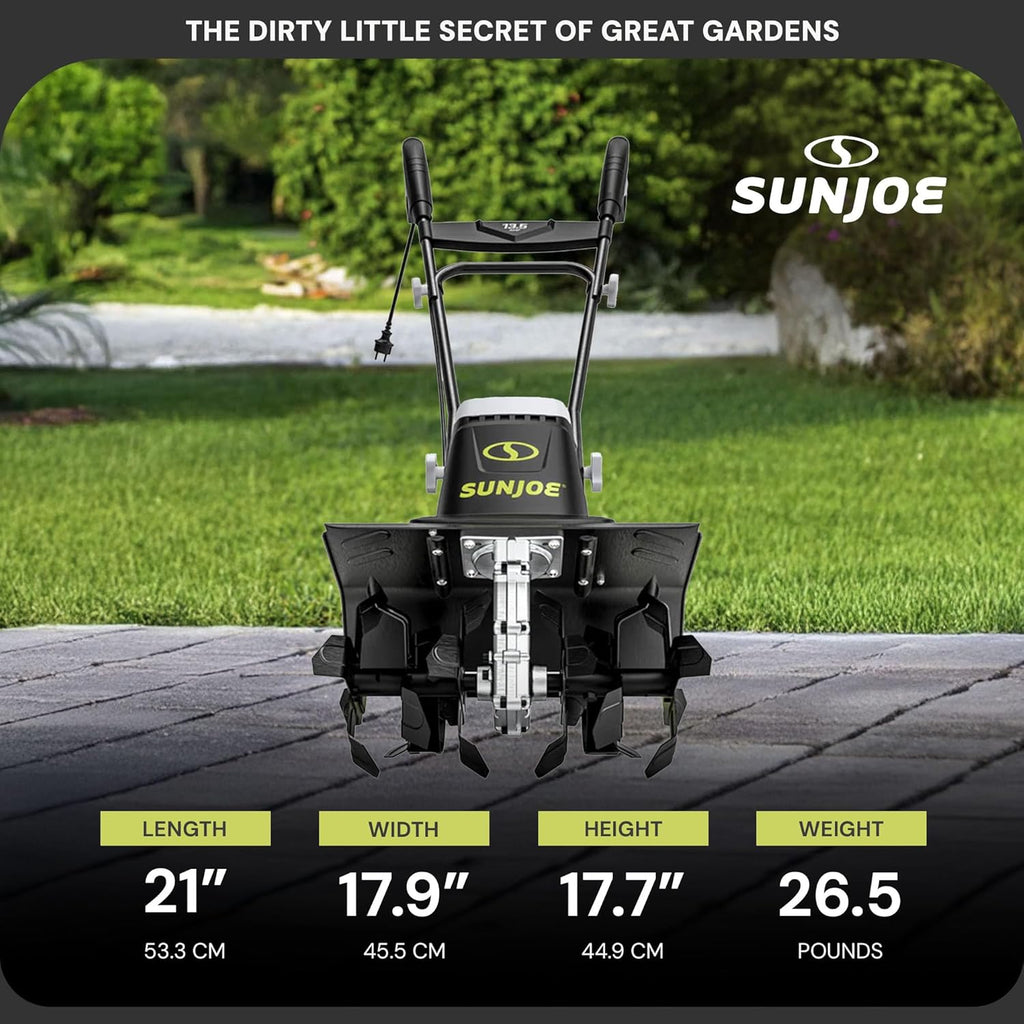 Sun Joe Corded Electric Garden Tiller & Cultivator with Steel Tines  16 Inch  13.5-Amp Motor - Heavy-Duty Tilling Machine for Lawn  Yard  and Gardening Care  TJ604E