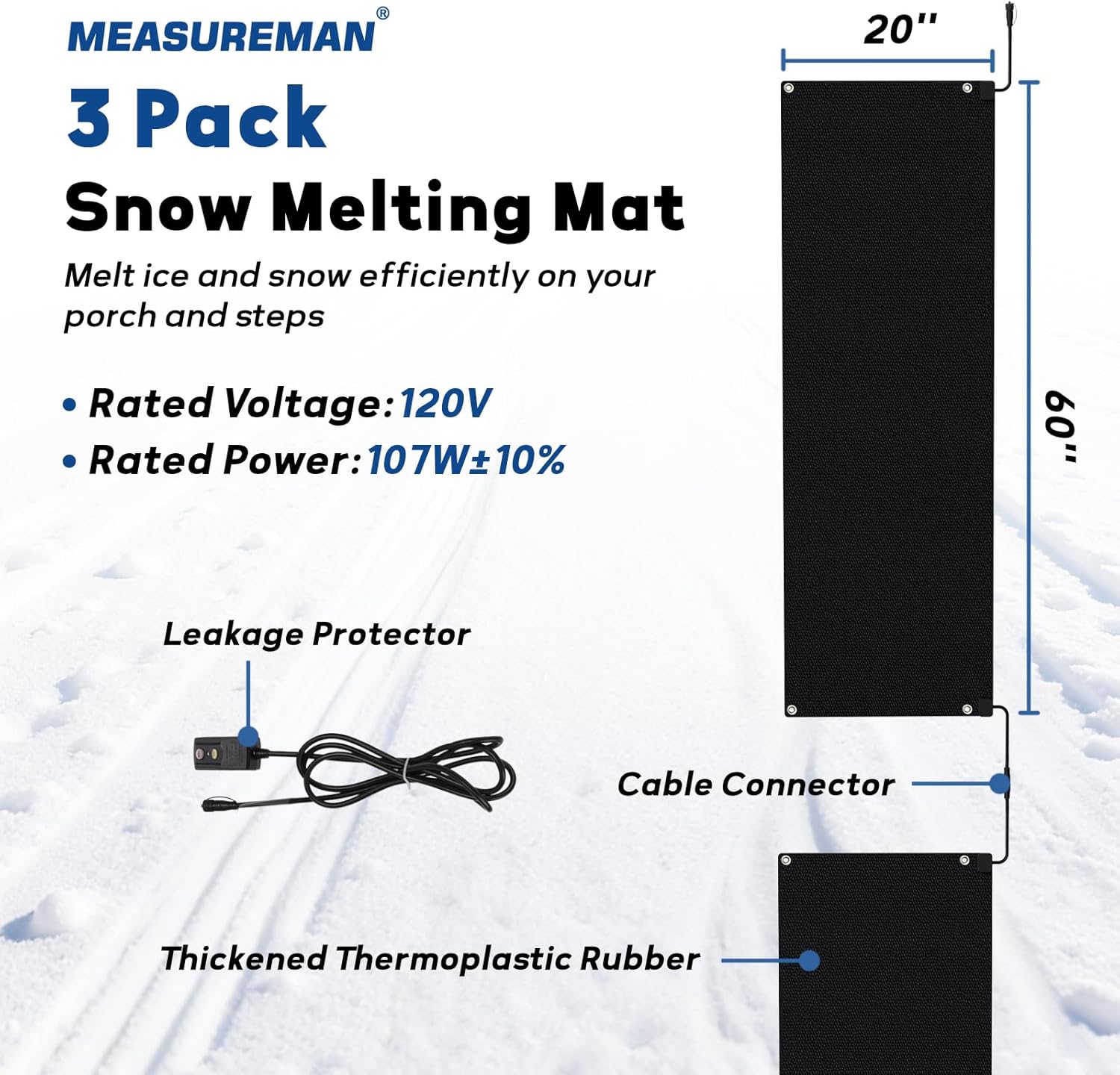 MEASUREMAN Snow Melting Mats 20 x 60 Inch 3PCS  Rubber Heated Mat for Walkways  Sidewalks with Anti-Slip Surface  GFCI Leakage Protection Plug