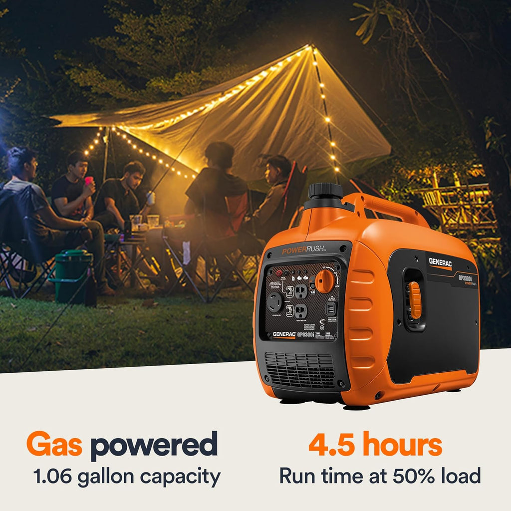Generac 3 300-Watt Gas Powered Portable Inverter Generator - Lightweight and Compact - USB Ports for Device Charging - Produces Clean  Stable Power - Great for Home Backup  Camping  and RV Use