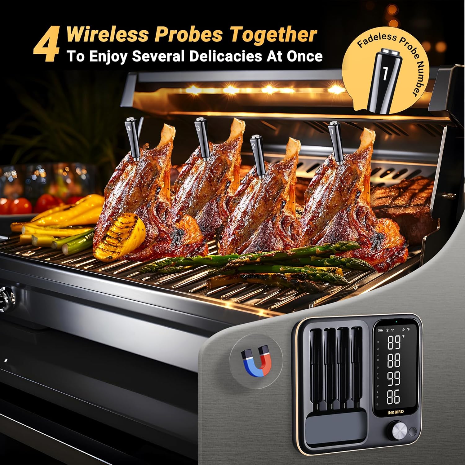 Wireless Meat Thermometer with 4 Probes, INKBIRD WiFi Meat Thermometer Digital Wireless for Rotisserie Grill Oven,Unlimited Range Dishwasher Waterproof Bluetooth Thermometer for iOS & Android
