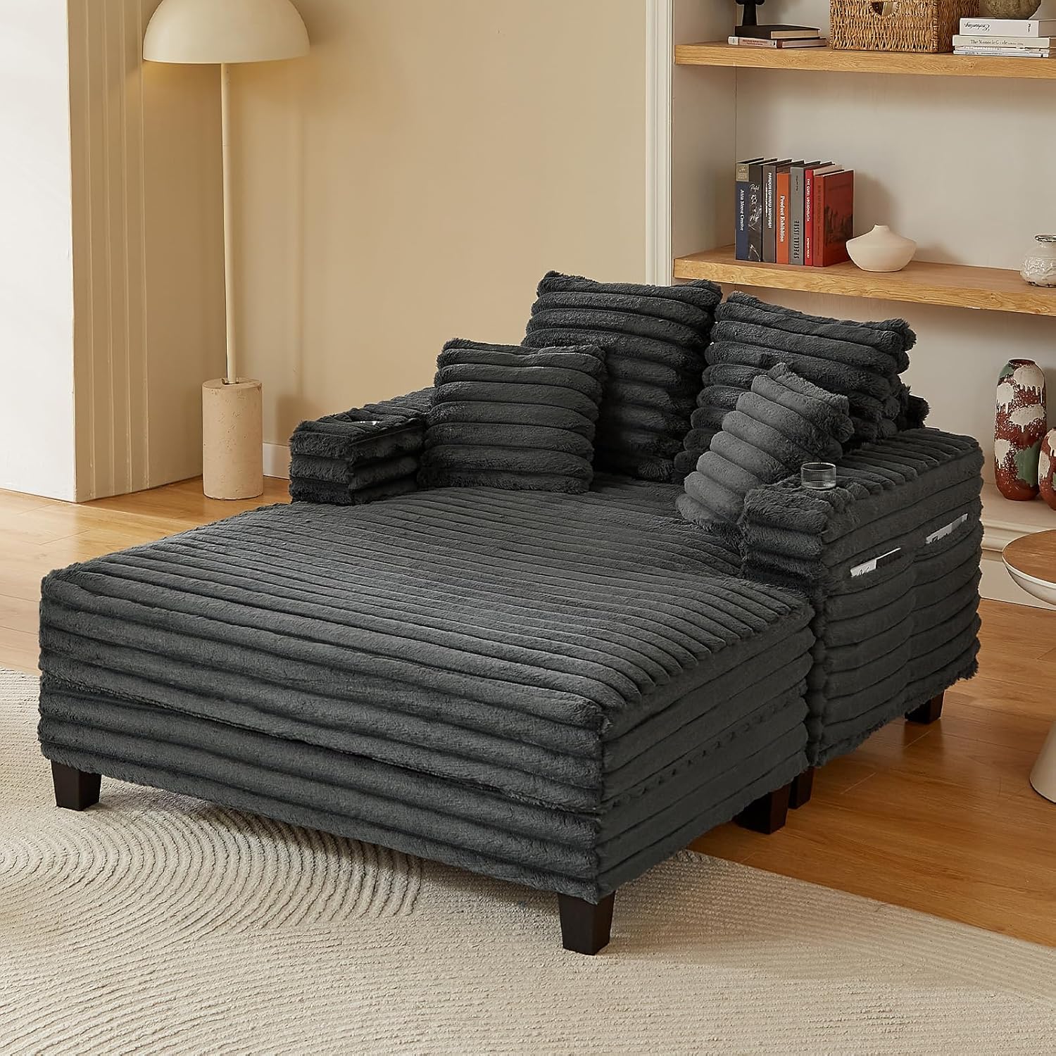 64" Chaise Lounge Chair Indoor, Oversized Sleeper Chair with Wood Frame, Upholstered Sofa Bed for Living Room, Movie Room, Bedroom with 4 Storage Pockets&2 Cup Holders(Plush Corduroy, Grey)
