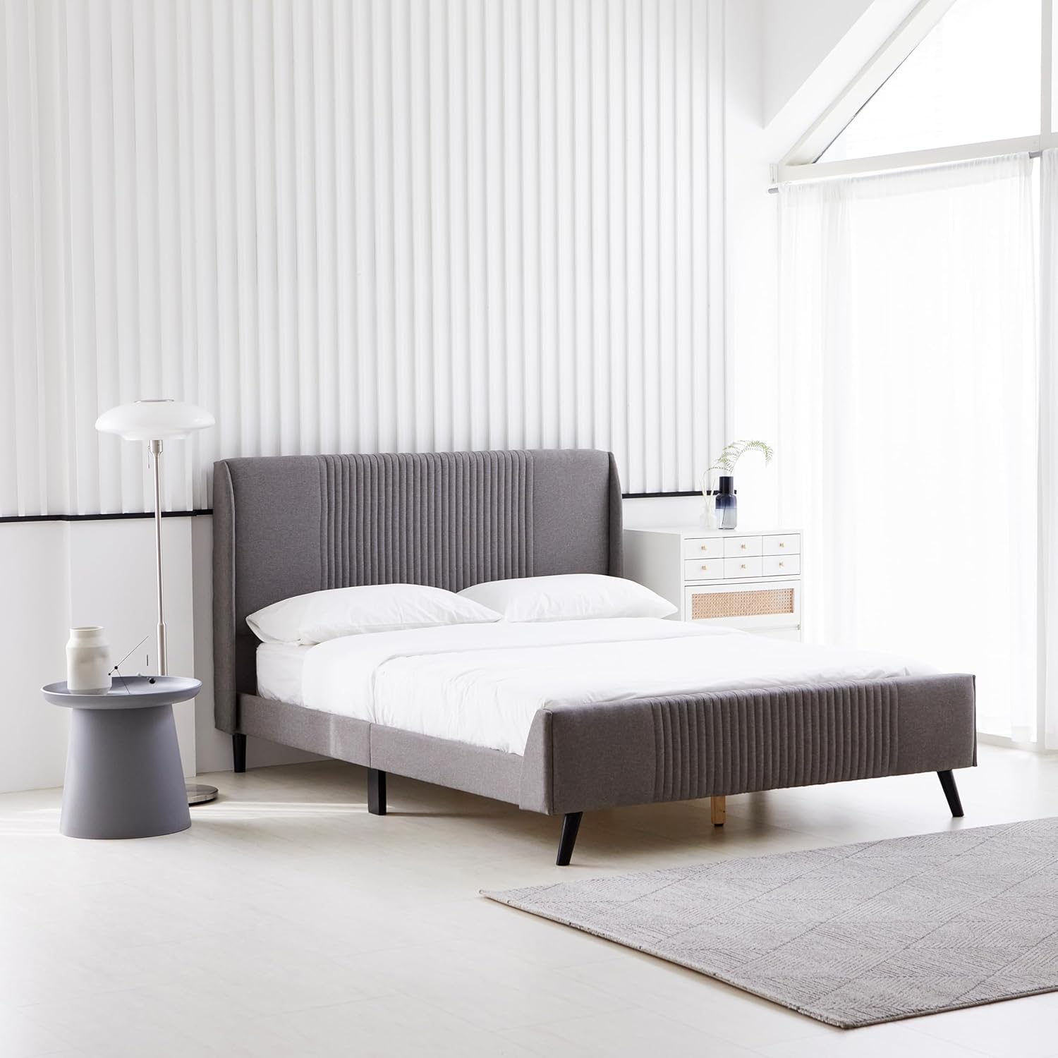 Livinia Sunset King Size Wingback Platform Bed, Fabric Upholstered King Bed Frame with Vertical Channel Tufted Headboard Footboard, Strong Wood Slats, No Box Spring Needed, Gray