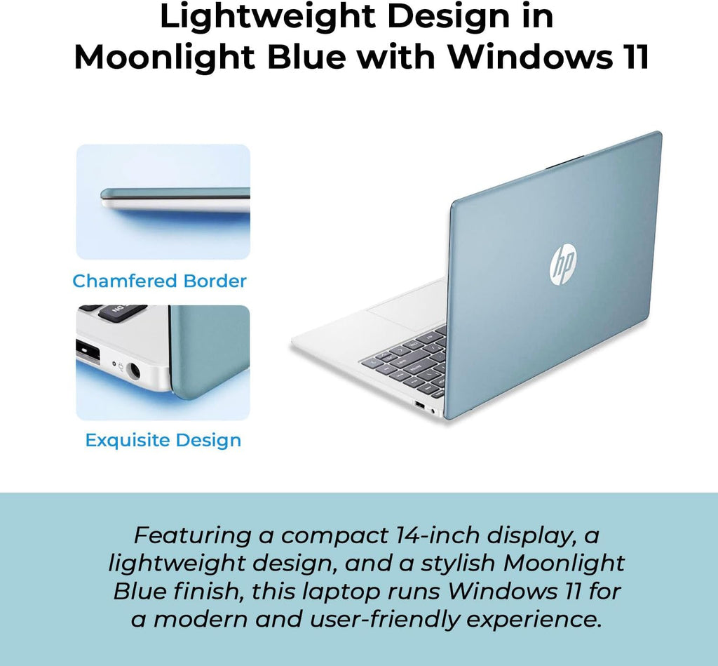 HP 14" Moonlight Blue Laptop with Office 365  AMD CPU  4GB DDR5 RAM  1.1TB Storage (128GB SSD and 1TB OneDrive)  HD Display  Windows 11  Energy-Efficient & Quiet Performance