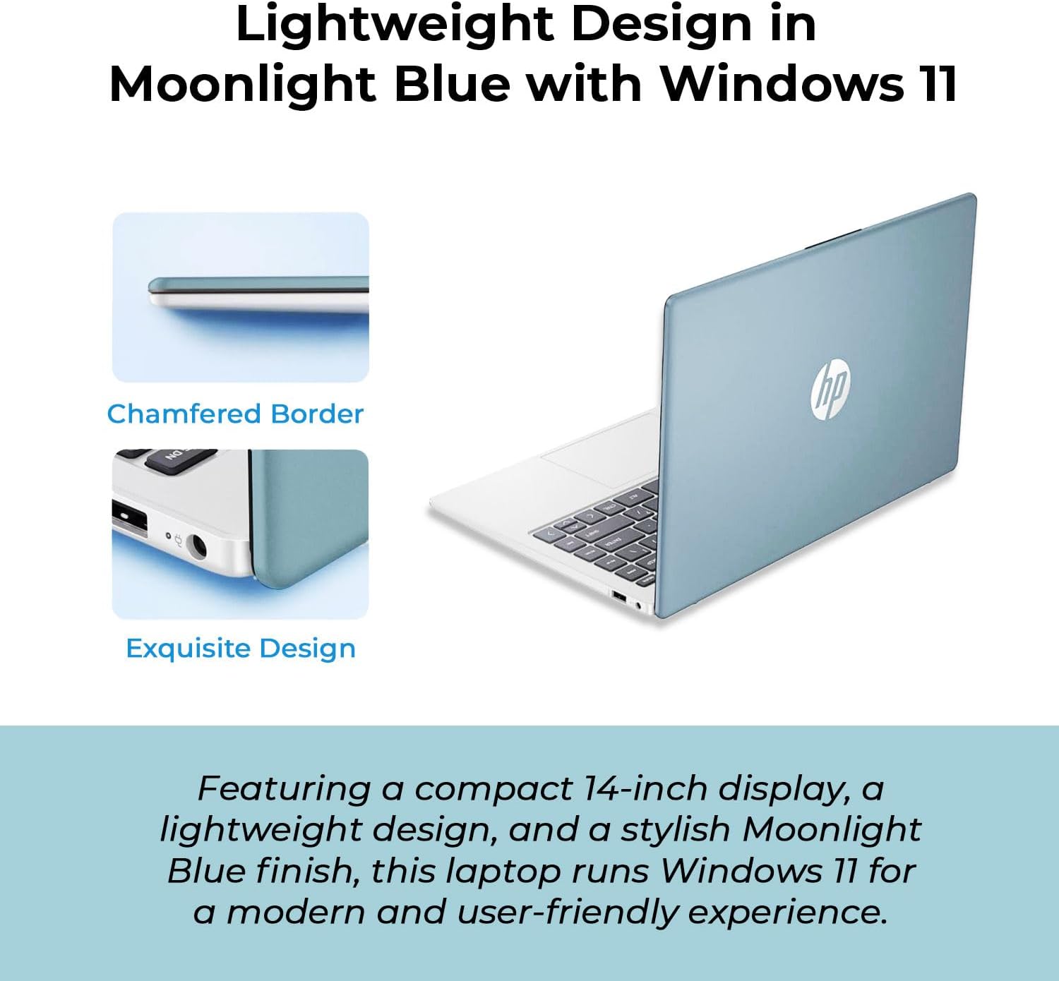 HP 14" Moonlight Blue Laptop with Office 365  AMD CPU  4GB DDR5 RAM  1.1TB Storage (128GB SSD and 1TB OneDrive)  HD Display  Windows 11  Energy-Efficient & Quiet Performance