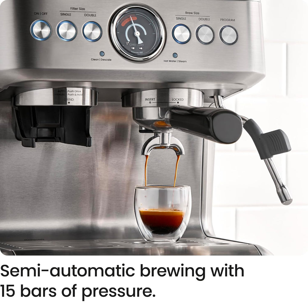Chefman Crema Supreme 15 Bar Espresso Machine with Milk Frother, Barista Steam Wand, Professional Coffee Maker with Coffee Grinder, 30 Grind Settings, 3L Removable Water Tank - Stainless Steel