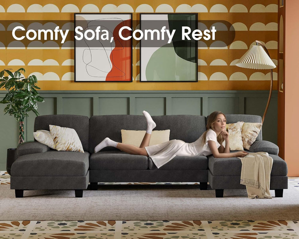 Furmax Sectional Couches for Living Room, U-Shaped Sofa Couch with Linen Fabric, 4 Seat Sofa Set with Double Chaise for Apartment (Corduroy, Dark Grey)