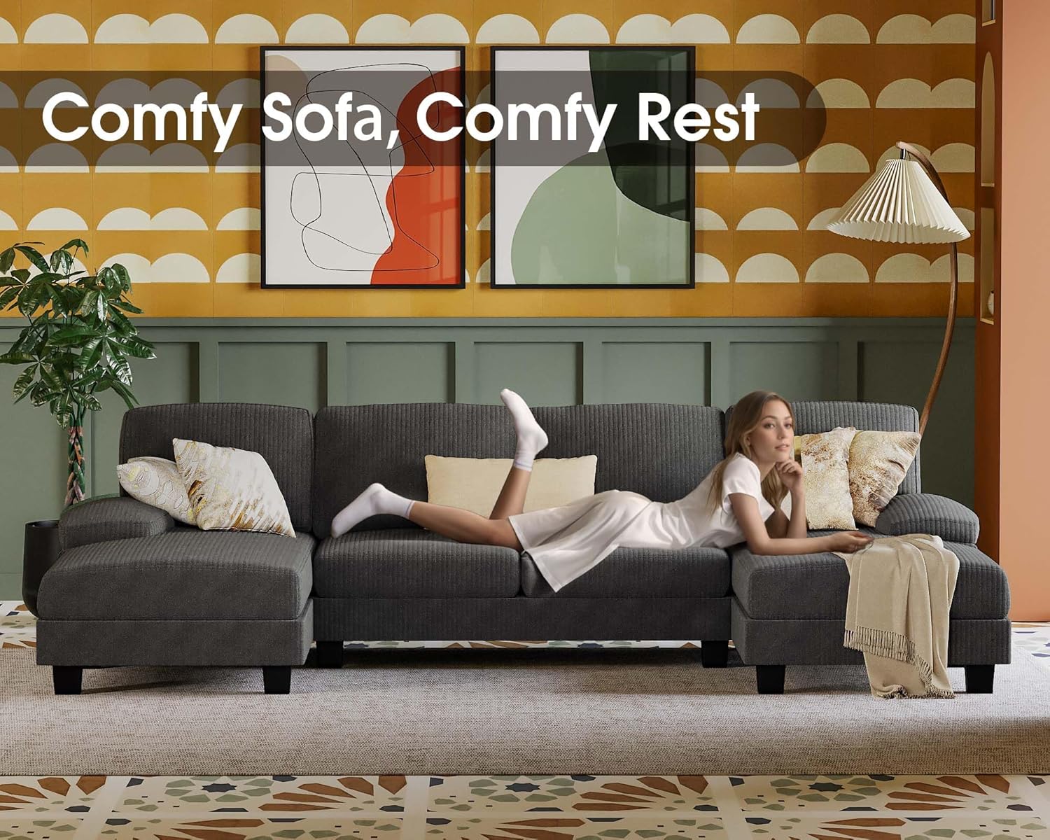 Furmax Sectional Couches for Living Room, U-Shaped Sofa Couch with Linen Fabric, 4 Seat Sofa Set with Double Chaise for Apartment (Corduroy, Dark Grey)