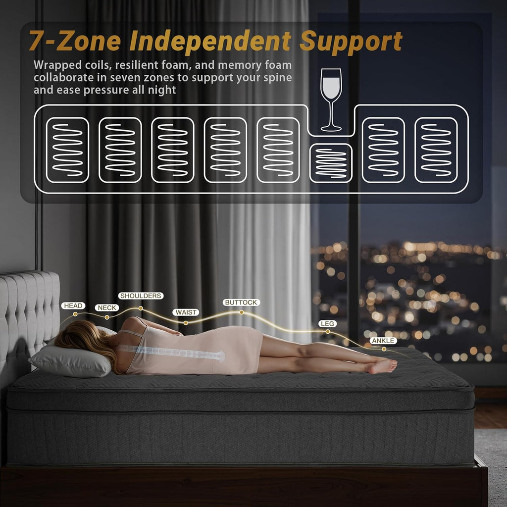 12″ Queen Hybrid Mattress – Balanced Support & Comfort, Cooling Breathable Foam + Pocket Coils, Motion Isolation, Reinforced Edges, CertiPUR-US, Fiberglass-Free, Mattress in a Box
