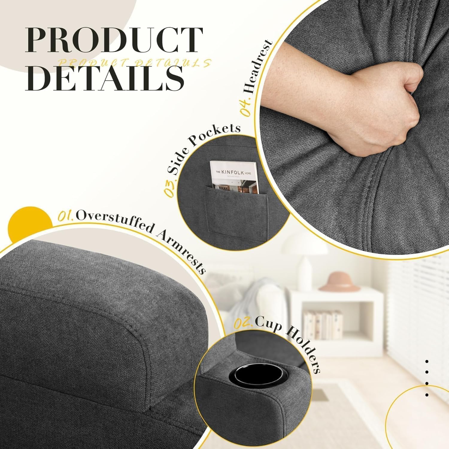 Recliner Chair, 360° Swivel Rocker Chair for Adults, Rocking Recliner Chair with Massage, Comfy Single Sofa with Side Pockets Cup Holders for Living Room, Bedroom, Nursery (Fabric, Dark Gray)