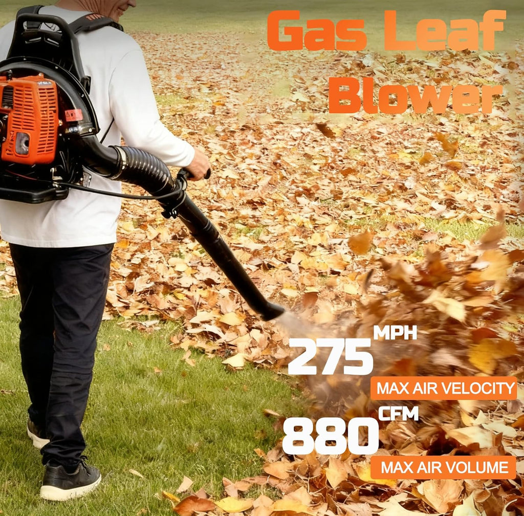 PROYAMA 72CC Gas Backpack Leaf Blower  2-Cycle 880CFM 275MPH Gas Powered Engine  2 in 1 Nozzle Low Vibration and Ergonomic Design with Cruise Control for Outdoor GardenYard Cleaning and Snow Removal