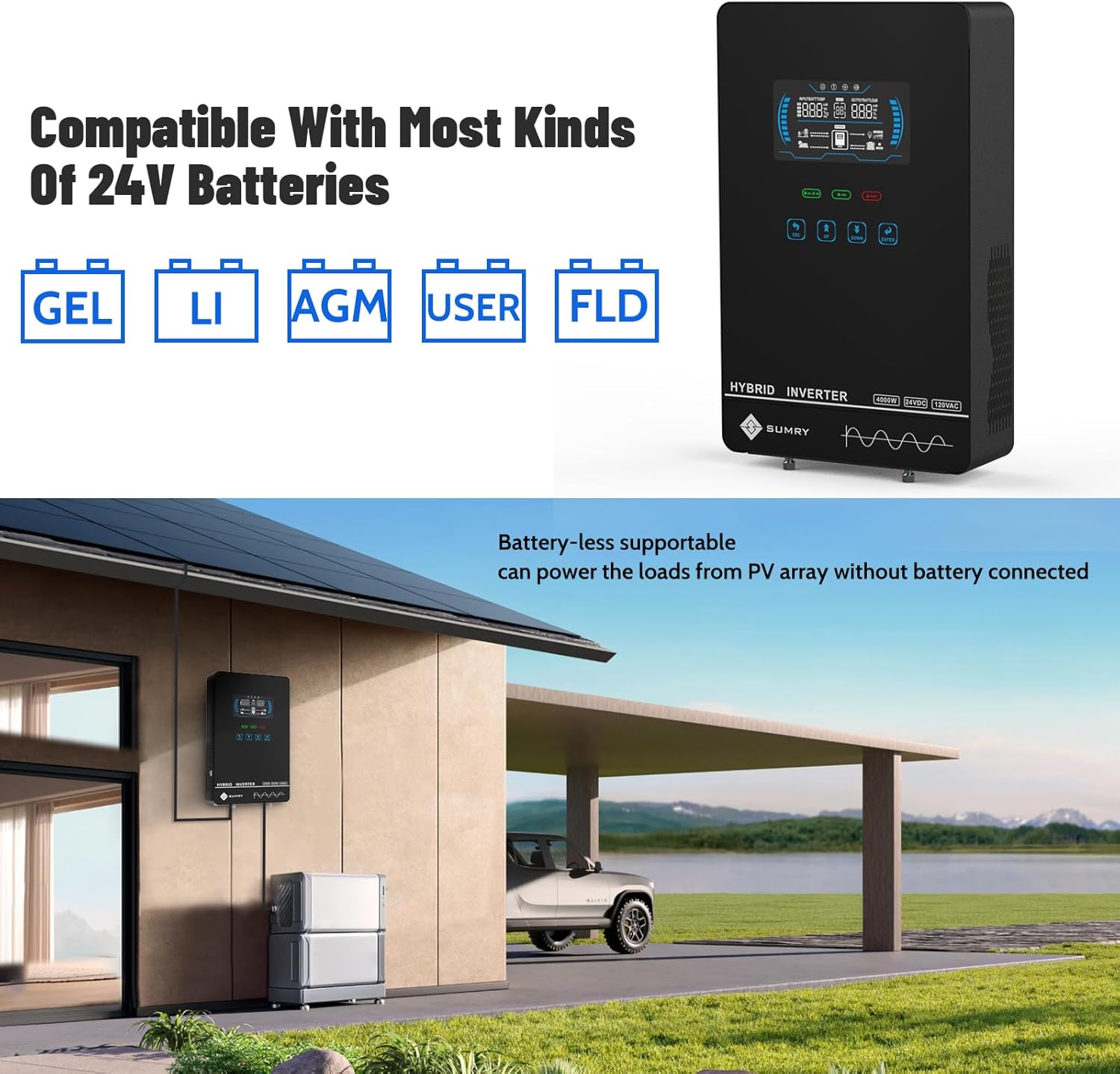 SUMRY Hybrid Solar Inverter  4000W DC 24V to AC 120V Pure Sine Wave Power Converter  Glass Top Cover with LCD Display  140A MPPT Charge Controller  Supports Battery-Less or AGM Lithium Battery