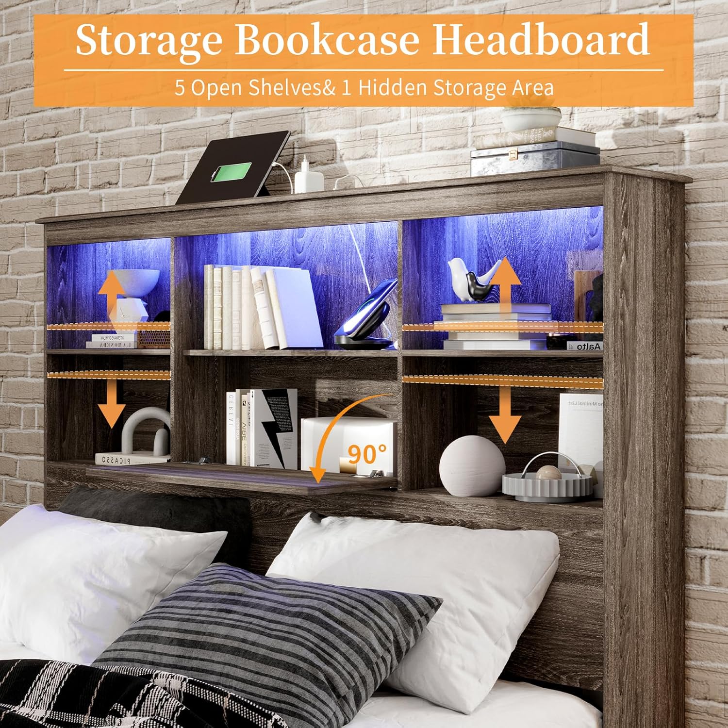 King Size Bed Frame with LED Bookcase Headboard, Wooden Storage Bed with Charging Station & 4 Drawers, No Box Spring Needed/Noise-Free/Rustic Grey