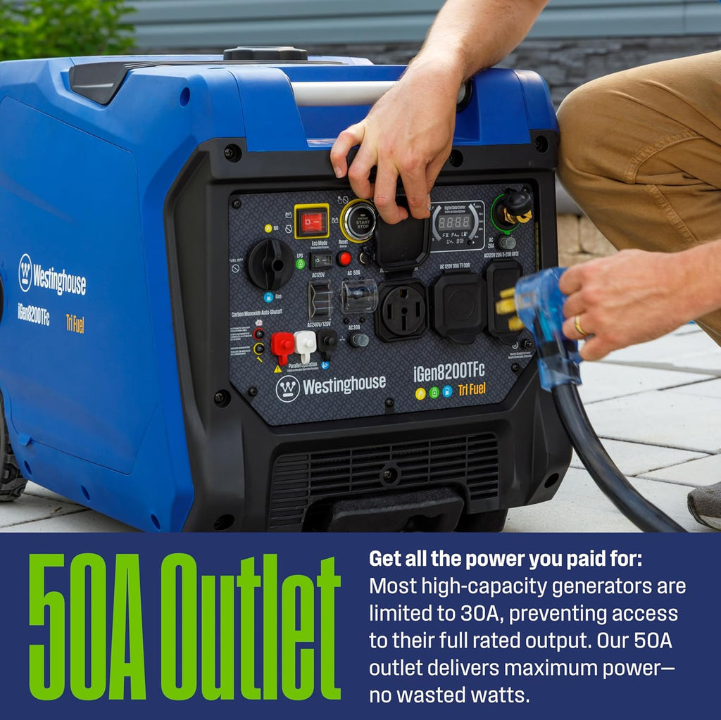 Westinghouse 8200 Peak Watt Tri-Fuel Portable Inverter Generator  Remote Electric Start  Transfer Switch Ready  Gas  Propane  Natural Gas  Low THD  Safe for Electronics  Parallel Capable  CO Sensor