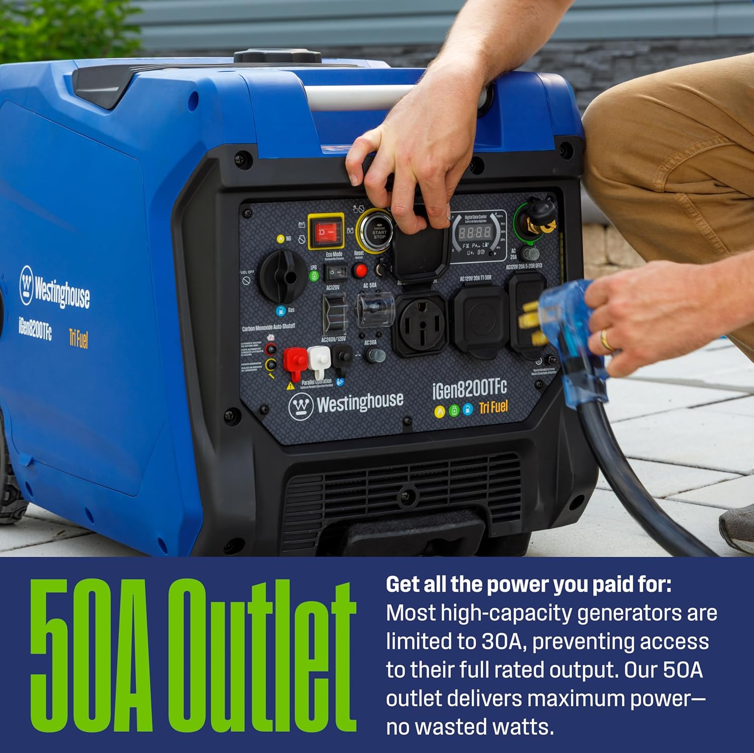 Westinghouse 8200 Peak Watt Tri-Fuel Portable Inverter Generator  Remote Electric Start  Transfer Switch Ready  Gas  Propane  Natural Gas  Low THD  Safe for Electronics  Parallel Capable  CO Sensor