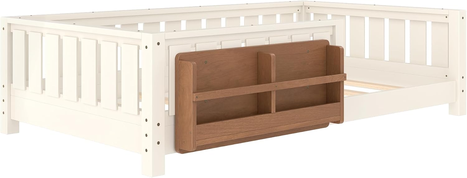 Bellemave Twin Size Kids Montessori Floor Bed Frame with Bookshelf and Guardrail,Solid Wood Floor Bed Frame with Slats for Girls Boys,Low-Profile,Beige