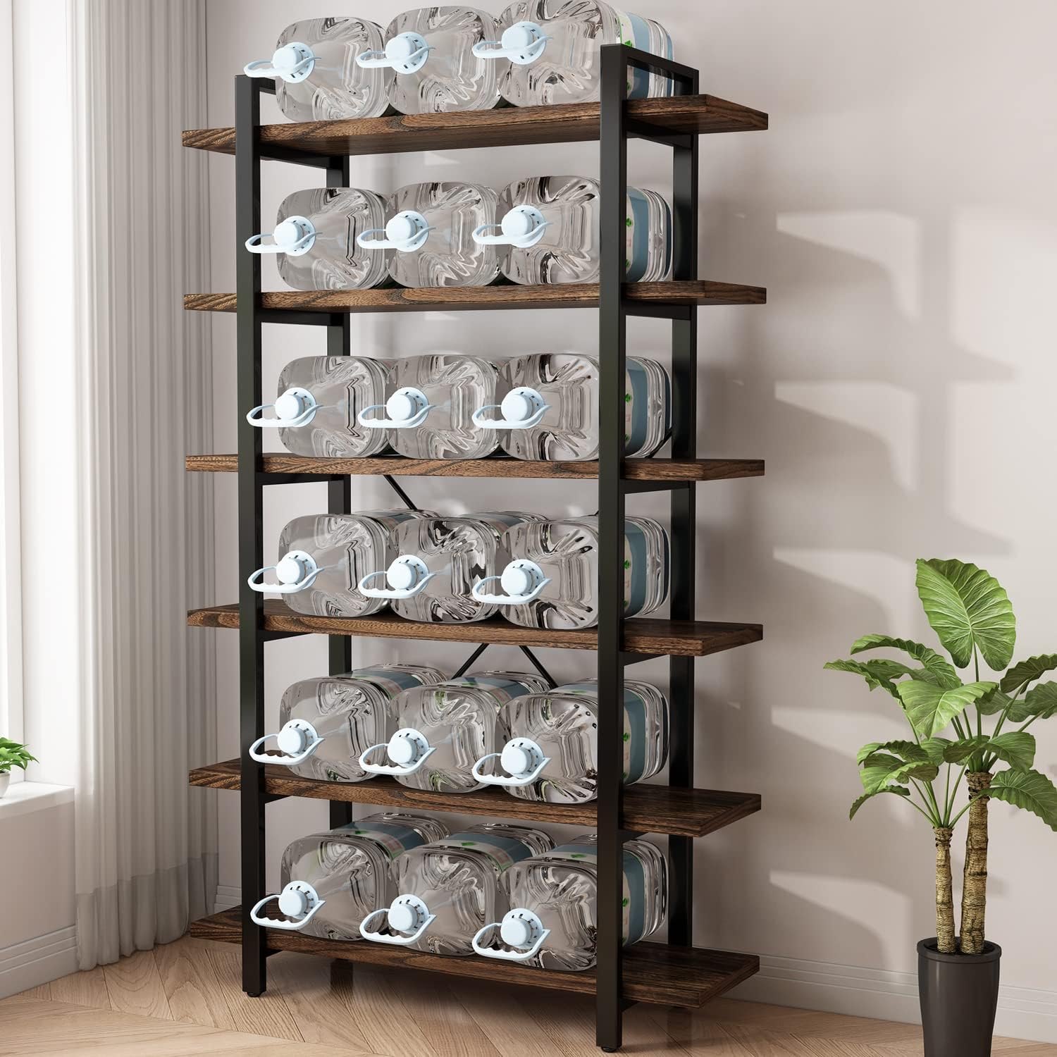 Solid Wood Bookcase and Book Shelves Wood and Metal Shelving Unit 6 Tier Bookshelf Modern Rustic Open Bookshelf Office,Distressed Brown (AY-02-6Tier)