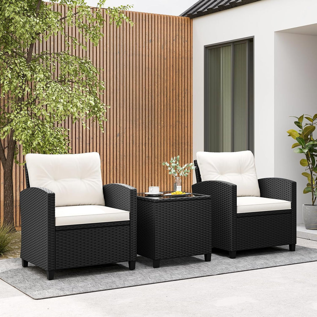 Tangkula 3 Piece Patio Furniture Set  Rattan Conversation Set w/Soft Seat & Back Cushions  Tempered Glass Topped Coffee Table  Cushioned Wicker Seating Set for Backyard  Porch  Poolside (Off White)