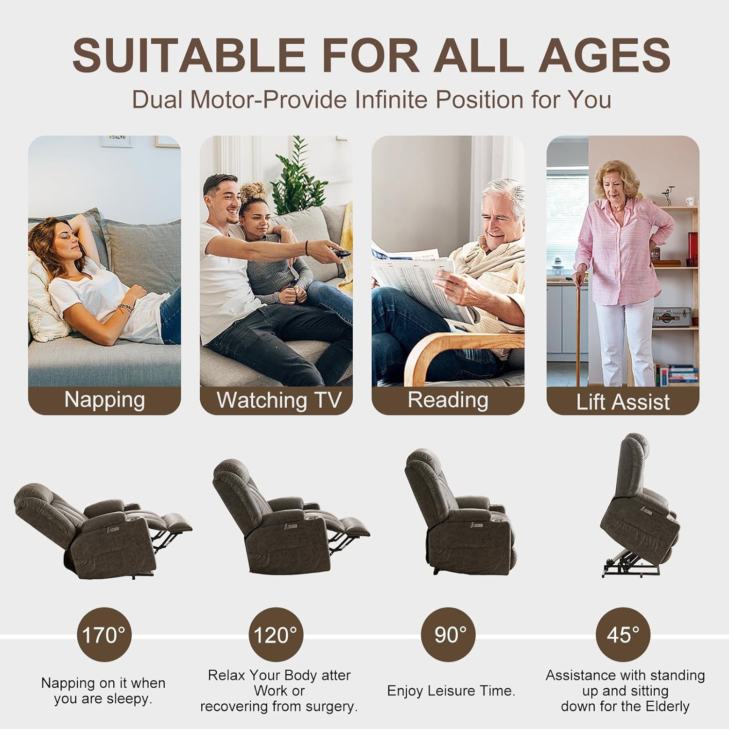 CDCASA Oversized Power Lift Recliner Chair with Massage and Heat for Elderly, Overstuffed Wide Recliners, Breathable Leather Lift Chairs w/Metal Cup Holders, USB & Type-C Ports, Matte Grey