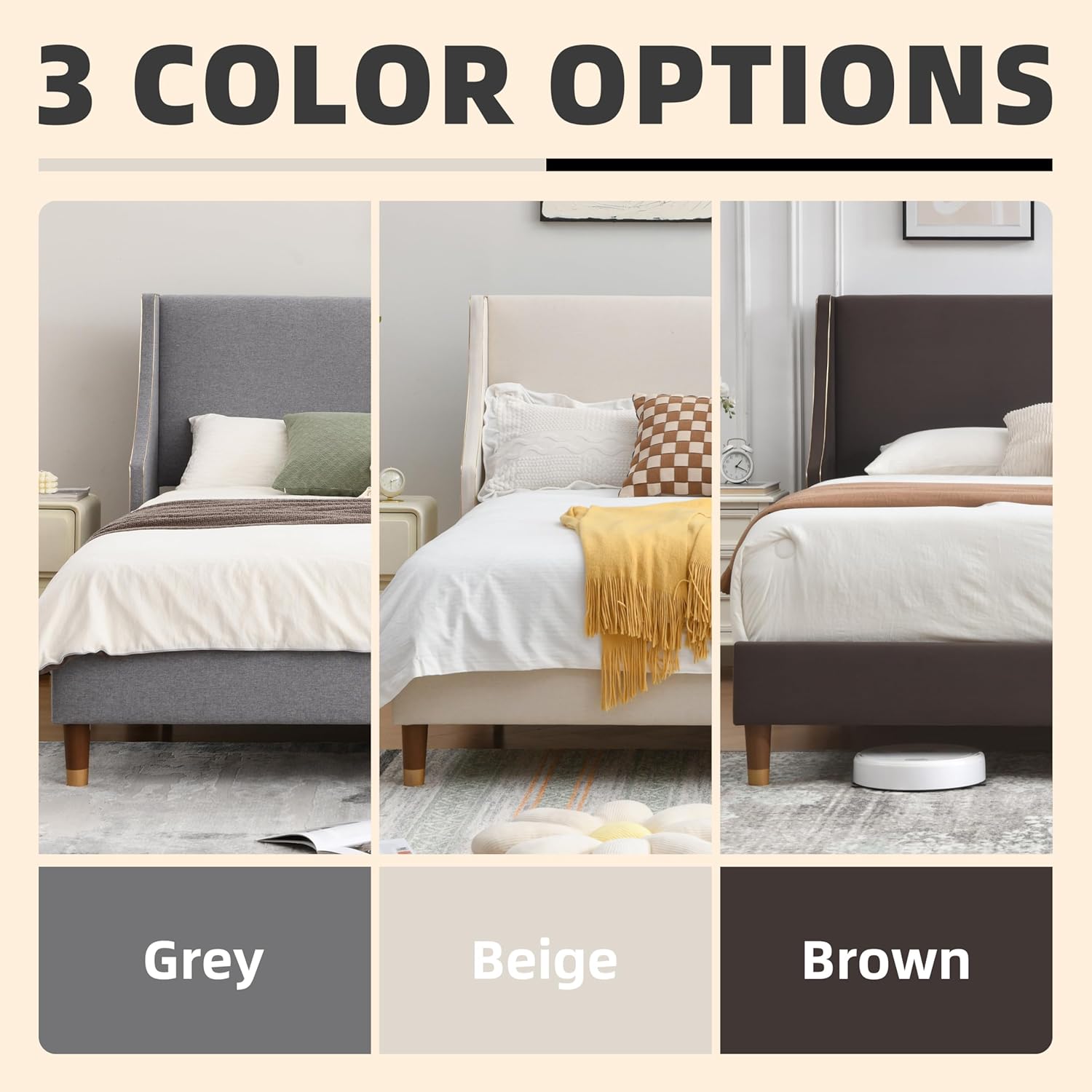 King Size Upholstered Platform Bed Frame with Wingback Headboard, Linen Fabric & Wooden Slats Support, Modern Golden PVC Material Edge for Bedroom,No Box Spring Needed, Easy to Assemble, Beige