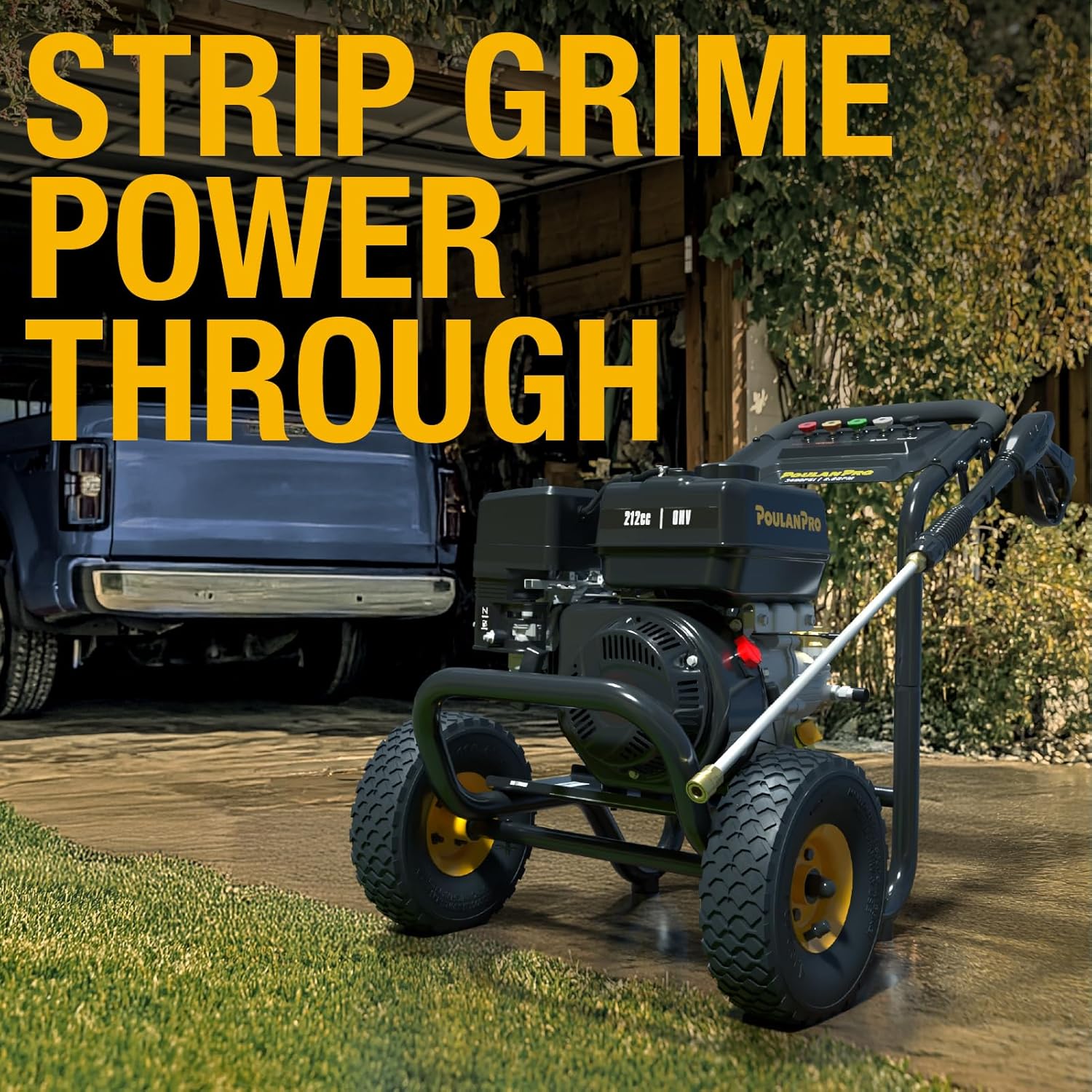Poulan Pro Gas Pressure Washer  3400 PSI & 2.6 GPM  212cc 4-Cycle High Pressure Washer with 30ft Hose  21" Spray Lance  5 Nozzles for Cleaning Cars Driveways Patios Fences Furnitures