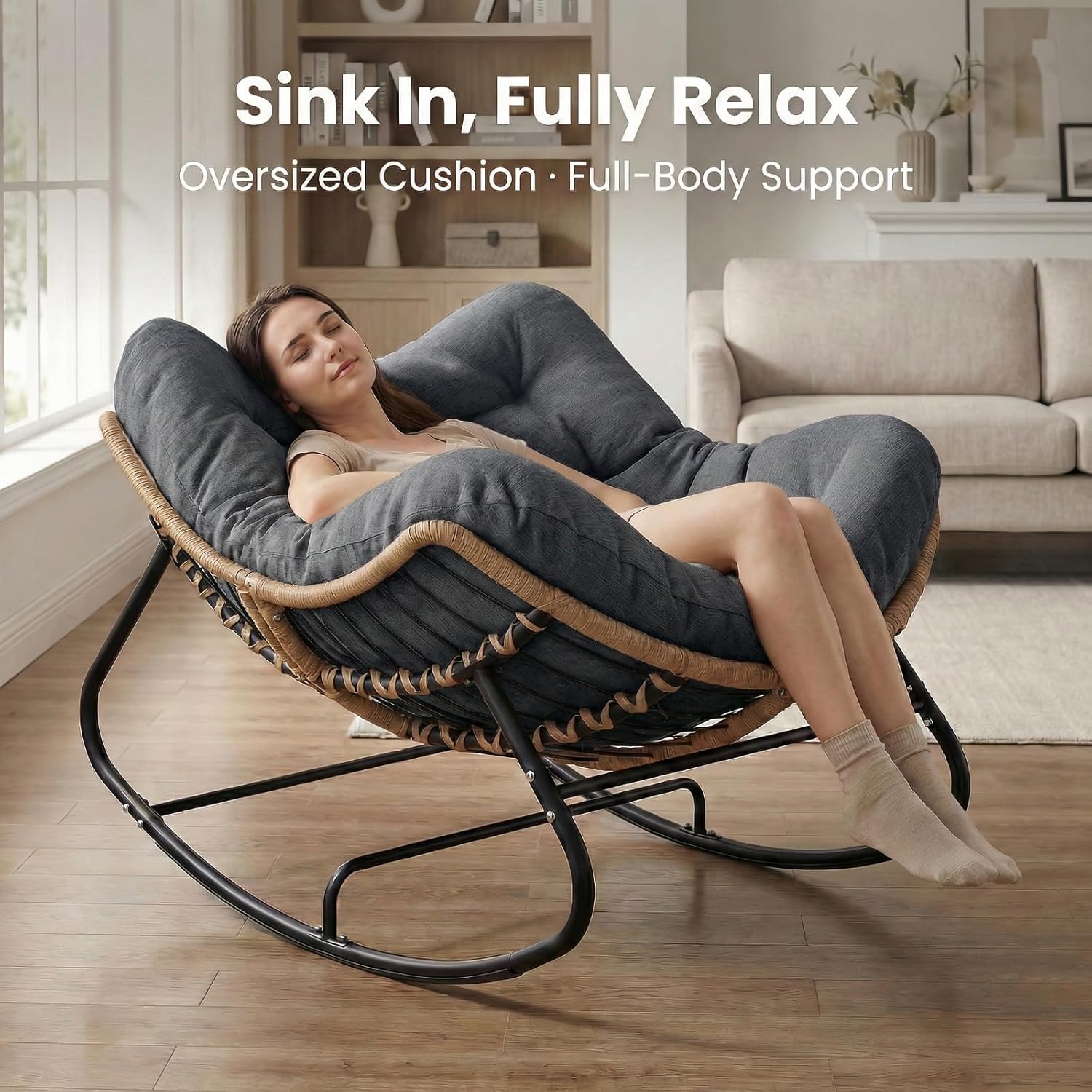 SWITTE Outdoor Rocking Chair  Oversized Patio Papasan Rocker  Comfy Wicker Reading Lounge  Indoor Egg Chair for Bedroom  Living Room  Porch  Garden  Lawn-Dark Grey