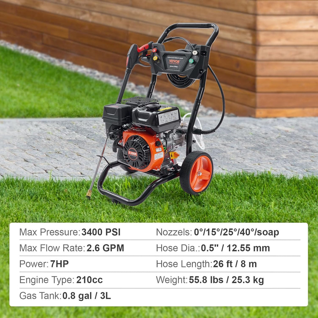 VEVOR Gas Powered Pressure Washer 3400 PSI 2.6 GPM  with Spray Gun and Extension Wand  5 Quick Connect Nozzles  Copper Pump