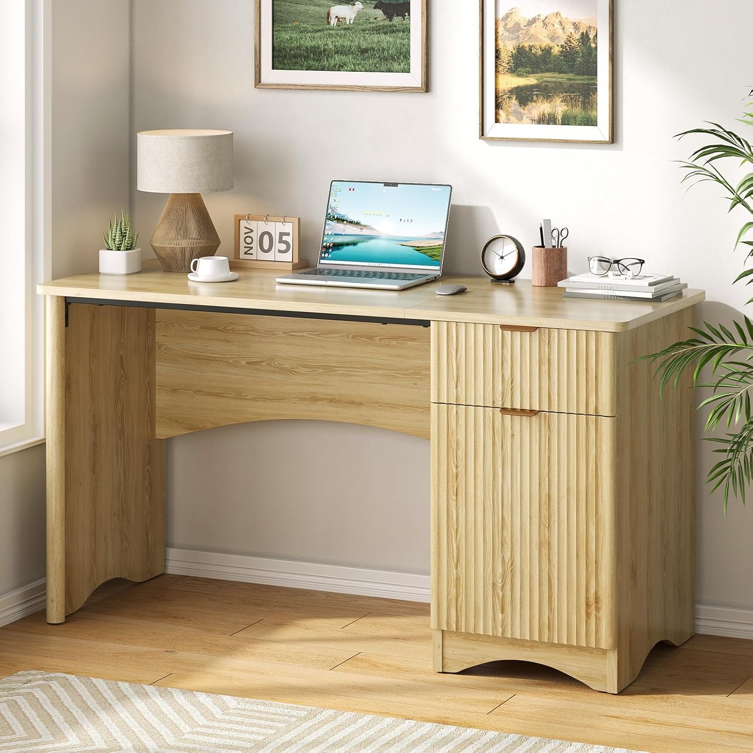 Bestier 47 inch Computer Desk with Drawer, Office Desk with File Cabinet, Modern Executive Desk Adjustable Shelves for Home Office Bedroom Study, Natual Oak