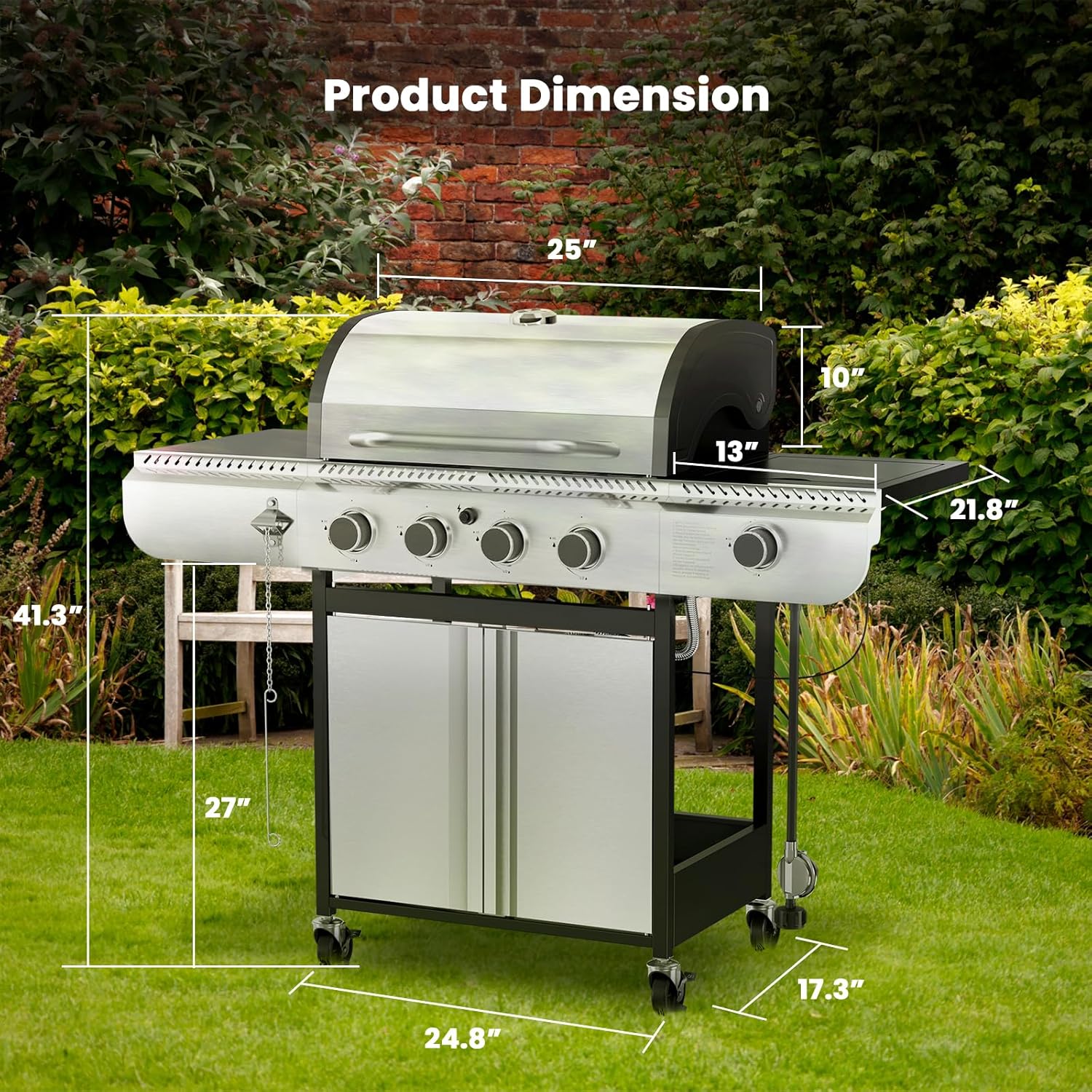 4-Burner Gas Grill with Side Burner Stainless Steel Propane Grill with Porcelain-Enameled Grills Built-In Thermometer 42000BTU BBQ Grill for Outdoor Cooking and Patio Barbecues