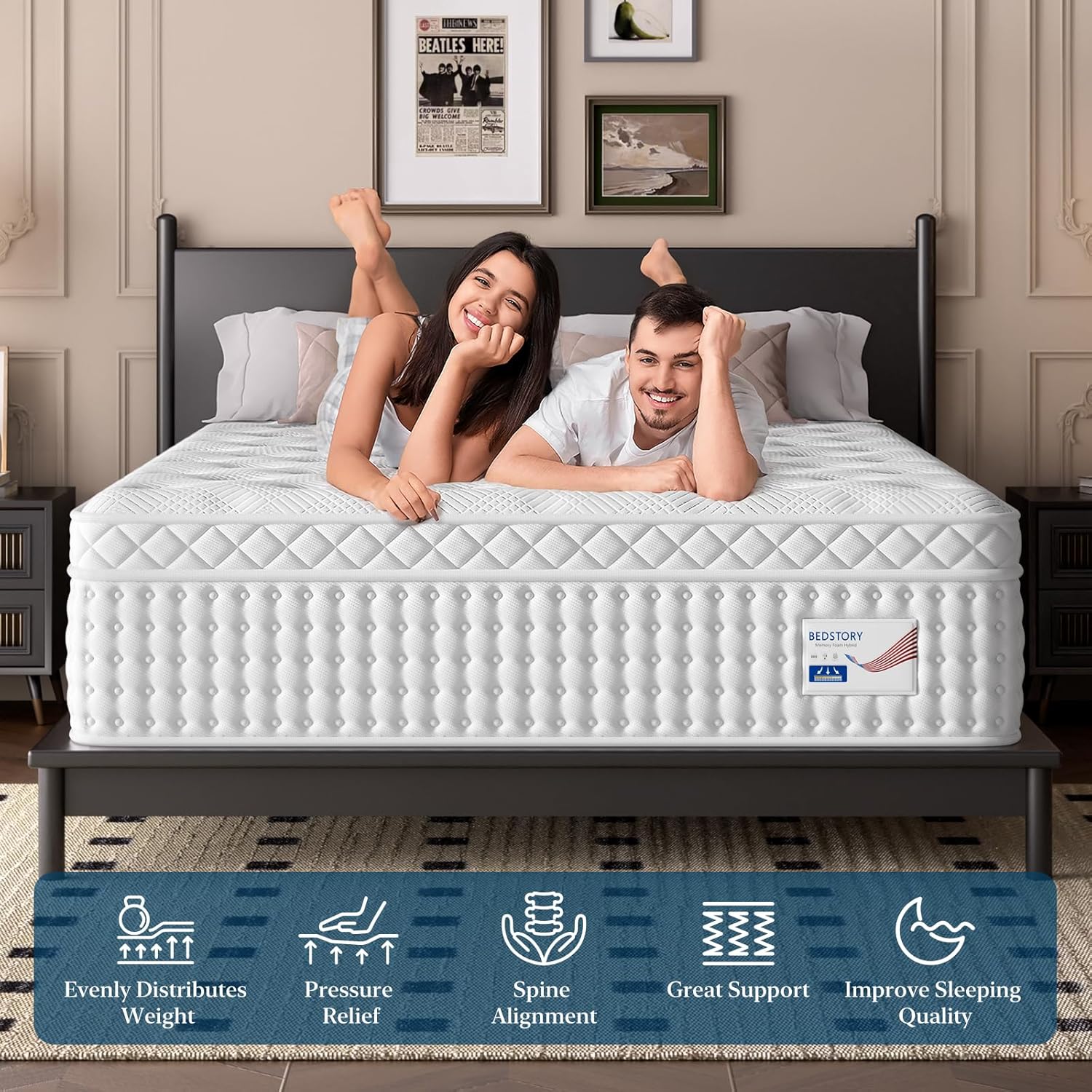 BedStory 14 inch Extra Firm Queen Size Mattress, Hybrid Mattress in a Box for Pressure and Back Pain Relief, Signature Collection Deep Sleep Mattresses, 10 Years Warranty, 365 Nights Trial