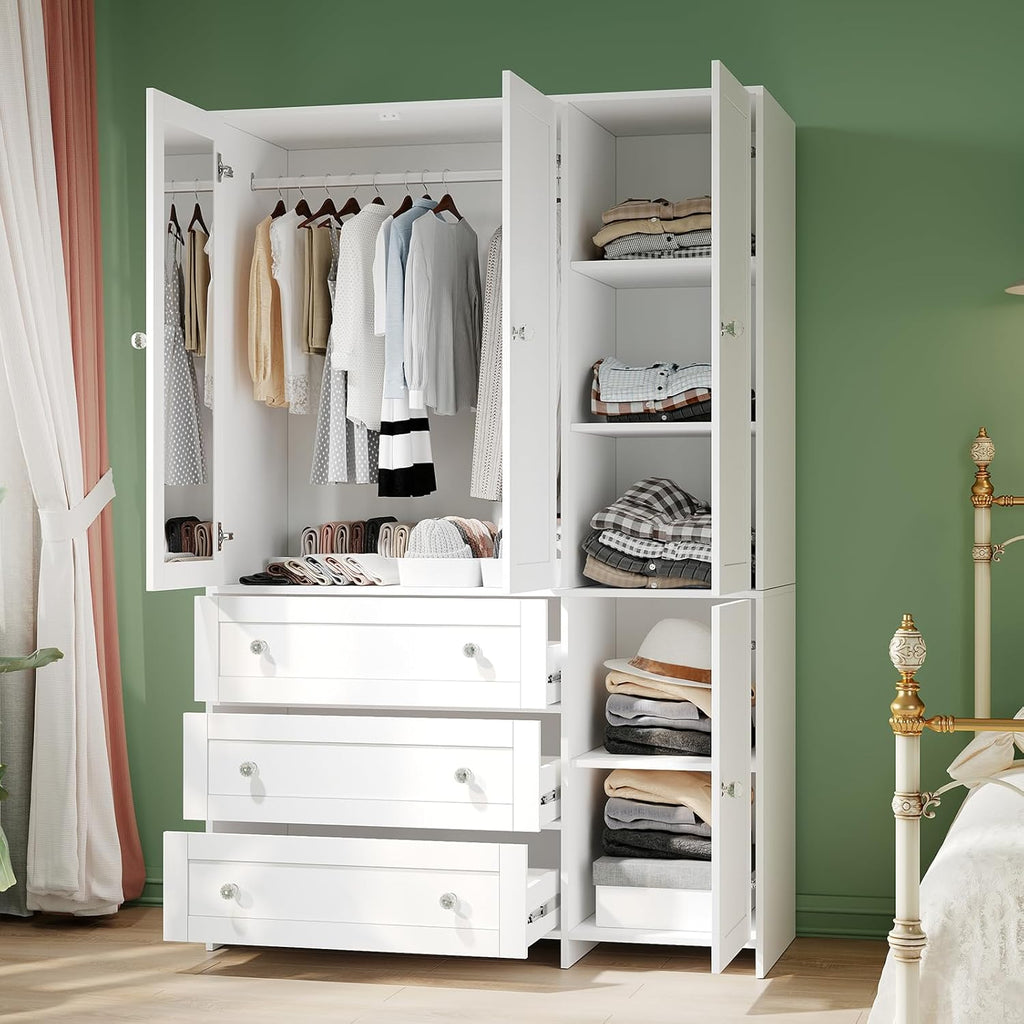 VOWNER Armoire Wardrobe Closet with Drawers and Mirror, 71" Clothing Storage Cabinet with Hanging Rod, 4 Doors Wooden Wardrobe Cabinet for Bedroom, Large Capacity Storage