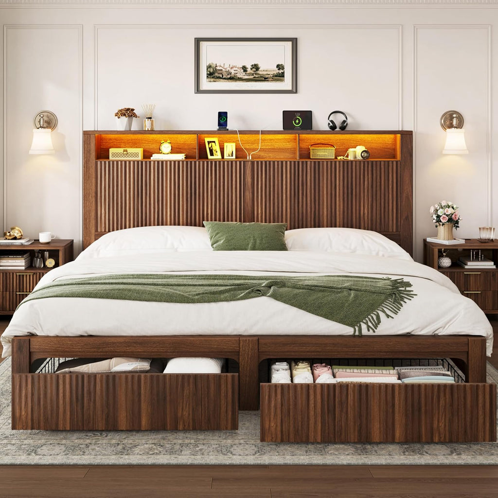 CypBed King Size Bed Frame and Headboard& 2 Storage Drawers, King Bed Frame with LED Light and Charging Port, Farmhouse Wavy Design, Wood & Metal Platform, Noise-Free, No Box Spring Needed, Walnut