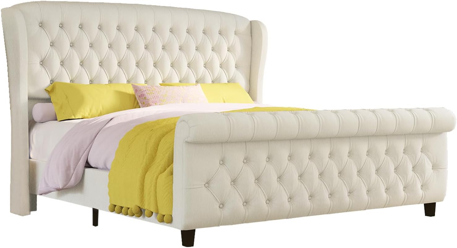 Queen Size Platform Bed Frame, Chenille Upholstered Sleigh Bed with Curved Headboard & Footboard, Deep Button Tufted, Wood Slats Support, No Box Spring Needed, Cream
