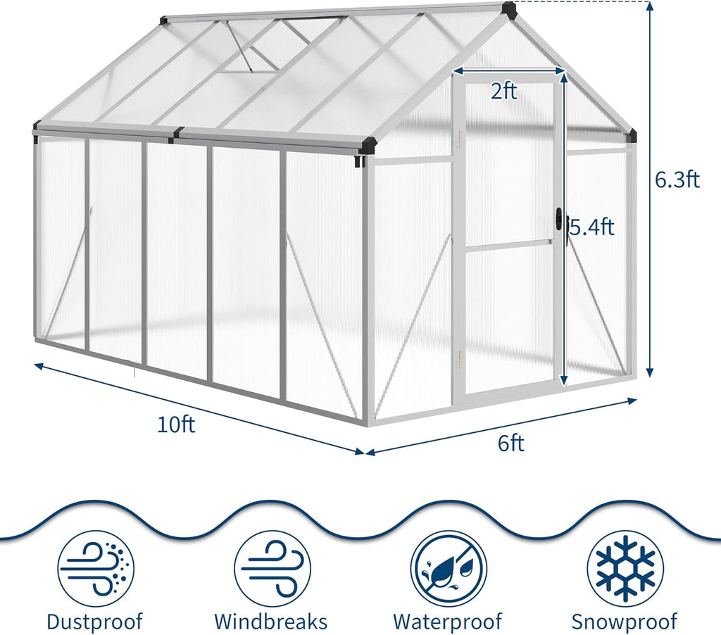 6 x 10 ft Greenhouse  Greenhouses for Outside  Polycarbonate Greenhouse with Aluminum Frame  Lockable Door and Ajustable Roof Vent for Backyard  Green Houses for Outside Garden Backyard  Patio