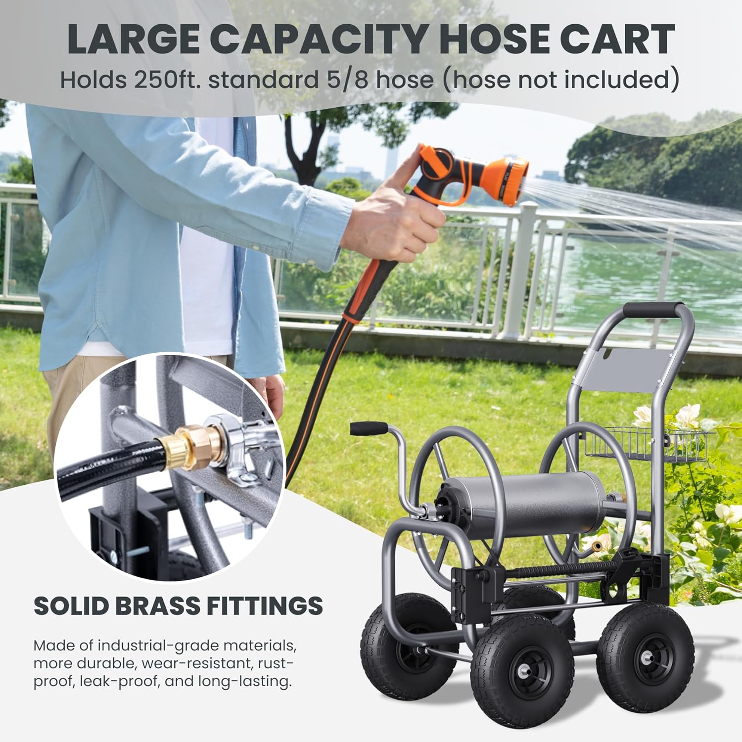Giraffe Tools Heavy Duty Garden Hose Reel Cart with Wheels - Industrial Outdoor Hose Storage Reel  Pre-Installed Guide for 250-Feet of 5/8" Hose Capacity