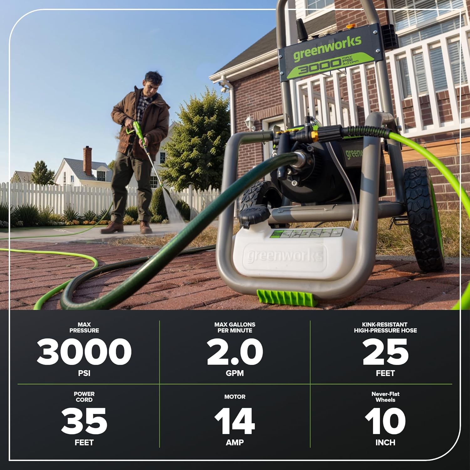 Greenworks Pro Brushless 3000 PSI (CSA Certified) 2.0 GPM Max / 1.1 GPM Electric Pressure Washer (Foldable Handles  Rugged Steel Frame  25 FT Hose  35 FT GFCI Power Cord)