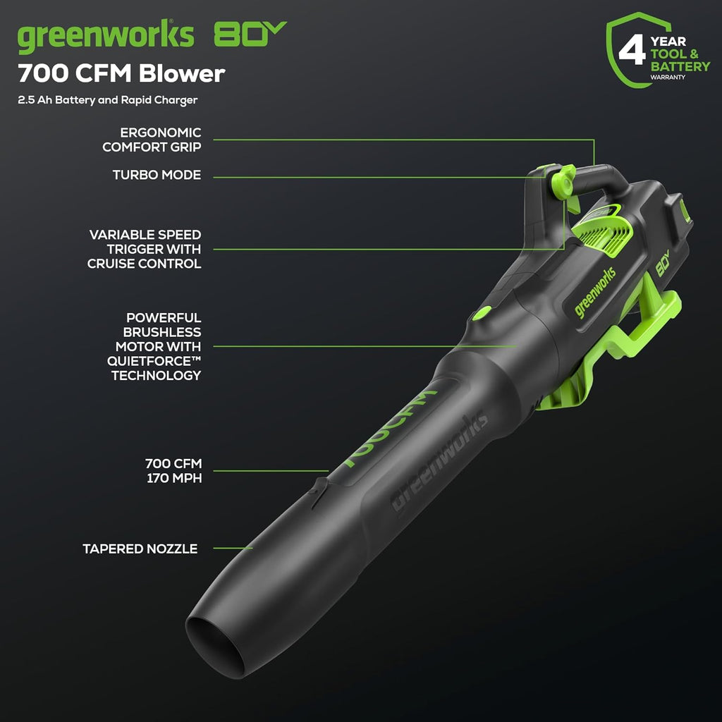 Greenworks 80V (700 CFM / 170 MPH) Brushless Cordless Leaf Blower  Commercial-Grade Power  40-Min Rapid Charger for Wet Leaves  Heavy Debris  Gravel and Driveway Snow  Includes 2.5Ah Battery & Charger