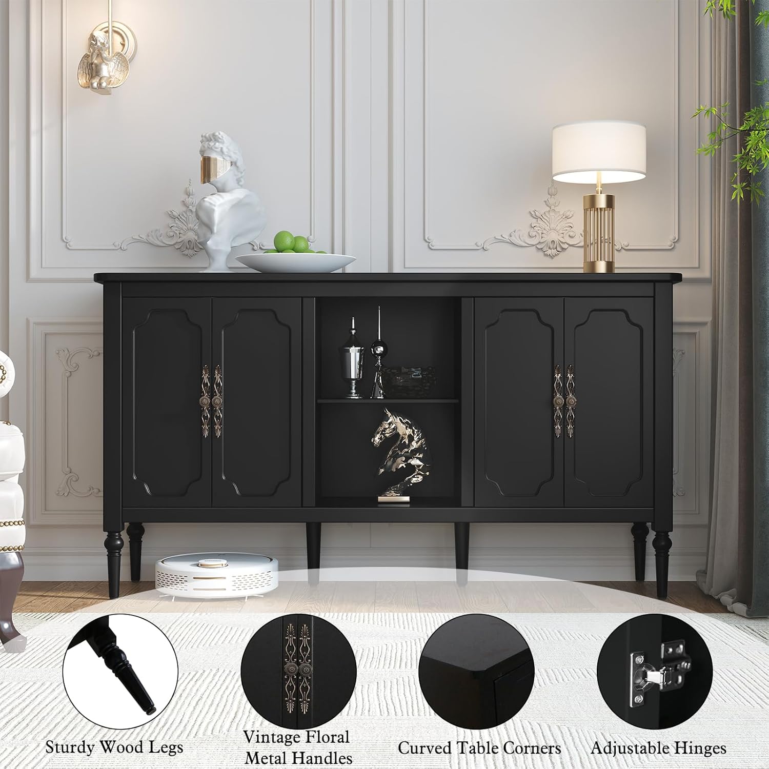 Vintage Buffet Sideboard Cabinet with 4 Doors, 59" Mid Century Modern Storage Cabinet with Shelf, Decorative Accent Credenza TV Stand (Black)