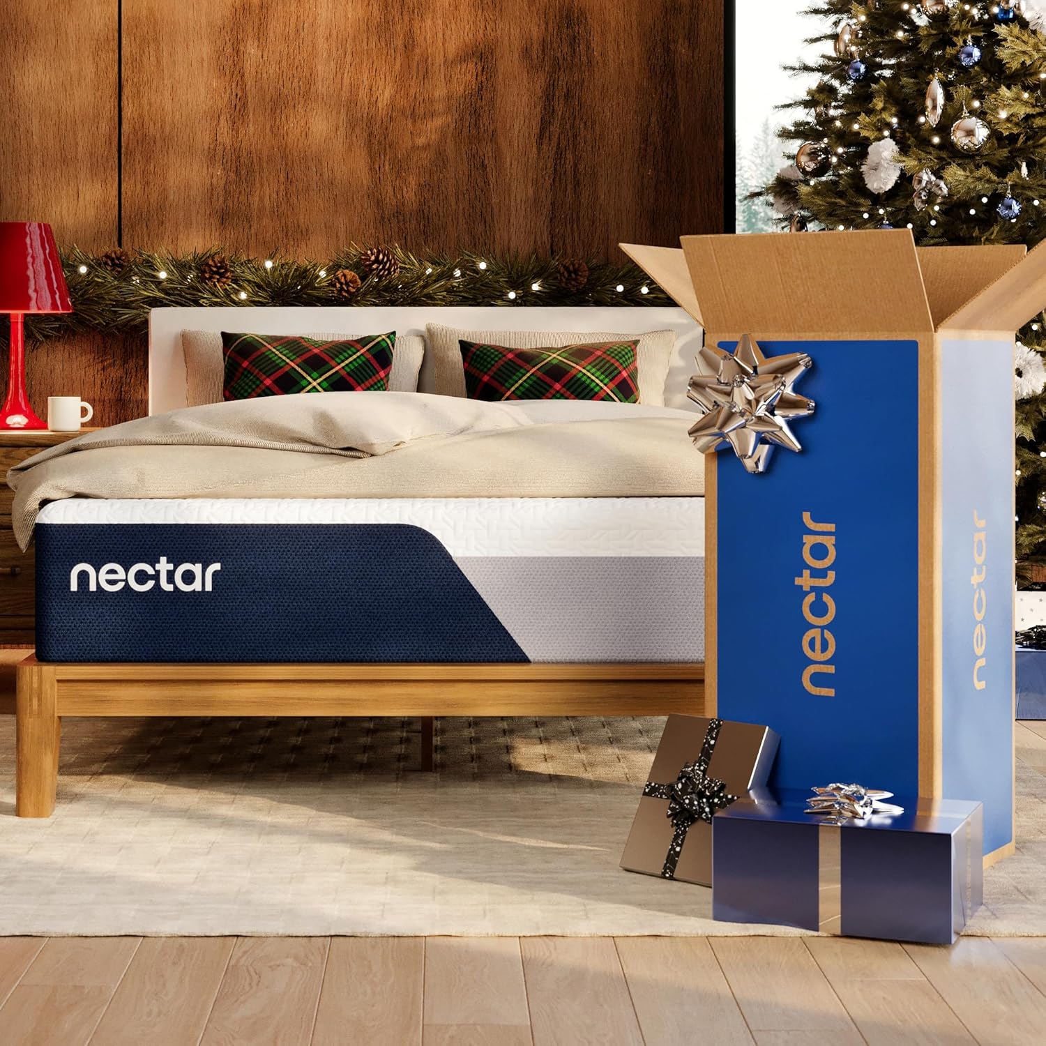 Nectar Bamboo Platform Bed Frame & Headboard - Natural - Queen - Floating Center Support Legs - 12” Height - Easy Tool Free Set Up - Contemporary - Sturdy Wooden Support Slats - Holds Up To 800 Pounds