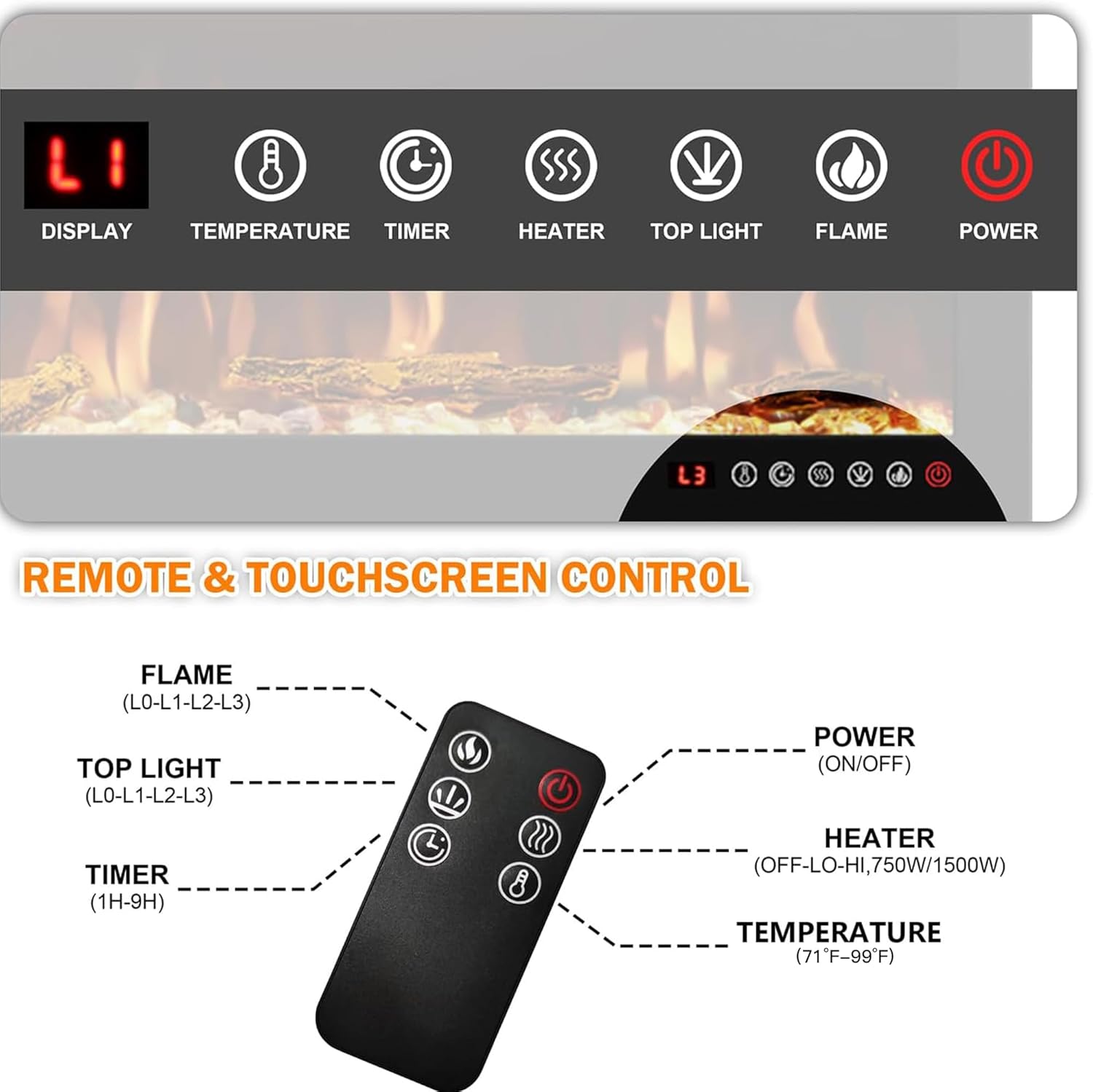72 Inch Slim Electric Fireplace, Recessed in‑Wall or Wall Mounted, Ultra‑Narrow Frame, Realistic LED Flames with 3 Flame Colors & 3 Top Light Colors, Remote Control, Timer