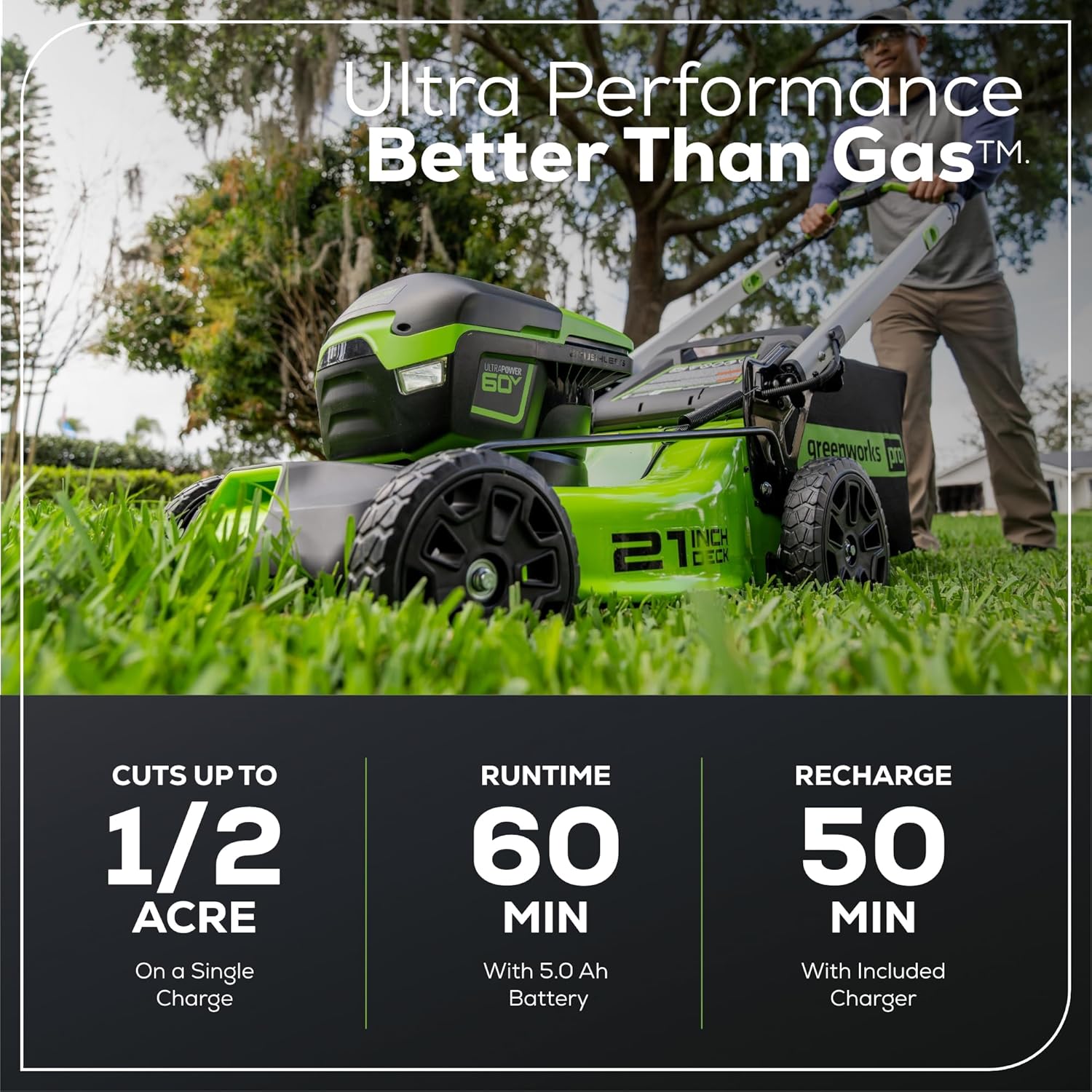 Greenworks 60V 21" Cordless Lawn Mower – 5.0Ah Battery & Rapid Chargerr(75+ Tool Compatibility  60Min Runtime)