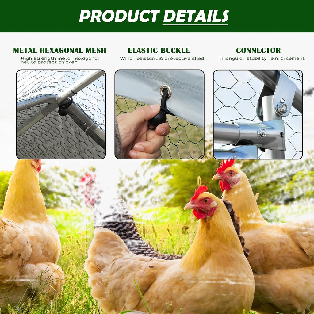 Large Metal Chicken Coop Upgrade Tri-Supporting Wire Mesh Chicken Run Chicken Pen with Water-Resident and Anti-UV Cover Duck Rabbit House Outdoor(9'W x 19'L x 6.5'H)