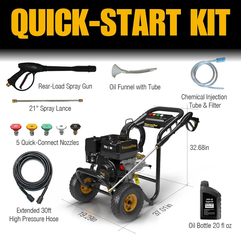 Poulan Pro Gas Pressure Washer  3400 PSI & 2.6 GPM  212cc 4-Cycle High Pressure Washer with 30ft Hose  21" Spray Lance  5 Nozzles for Cleaning Cars Driveways Patios Fences Furnitures