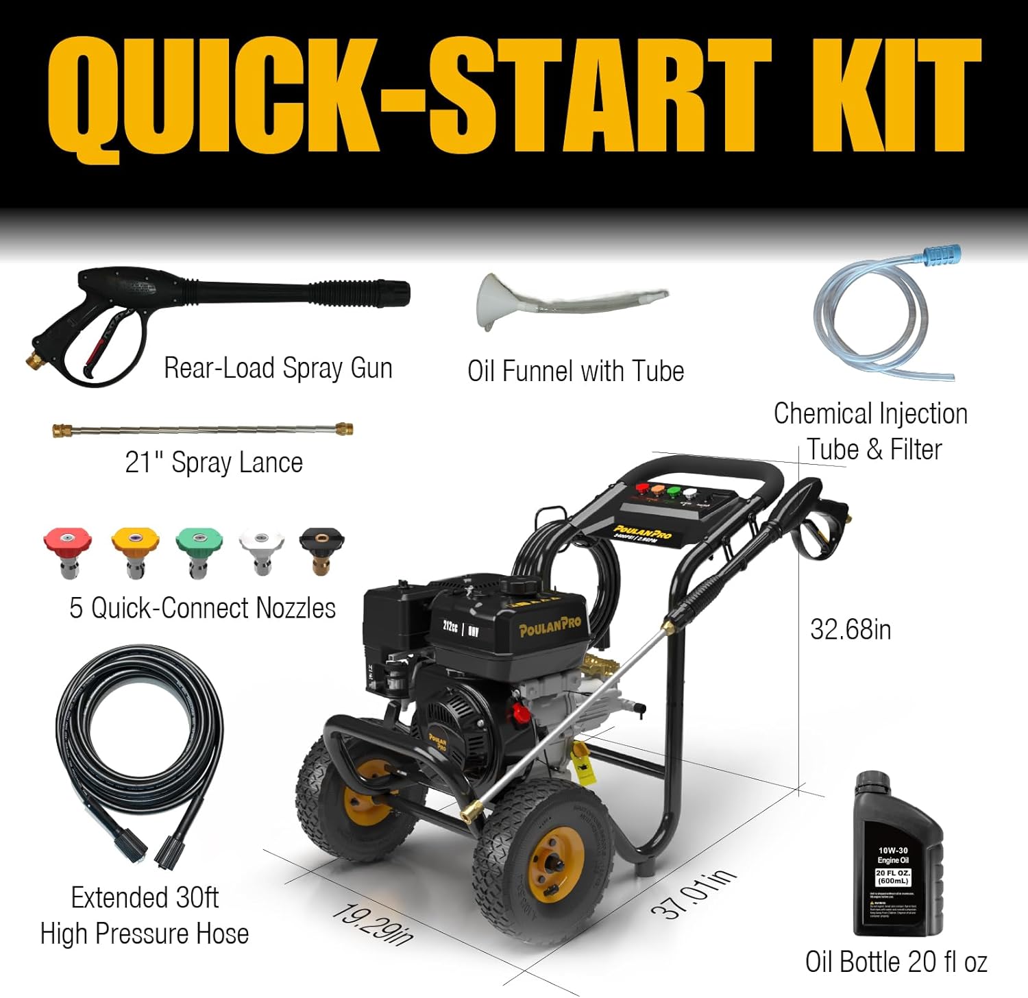 Poulan Pro Gas Pressure Washer  3400 PSI & 2.6 GPM  212cc 4-Cycle High Pressure Washer with 30ft Hose  21" Spray Lance  5 Nozzles for Cleaning Cars Driveways Patios Fences Furnitures