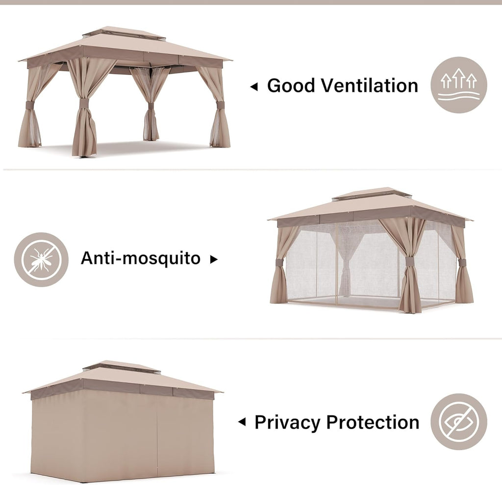 LAUSAINT HOME Semi-Permanent Outdoor Patio Gazebo 10'x13'  Heavy Duty Party Tent Shelter with Double Roofs  Mosquito Nettings and Privacy Screens for Backyard  Garden  Lawn  Khaki