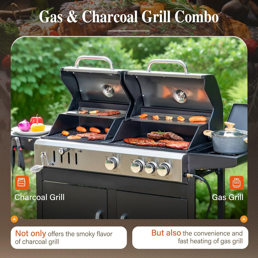 Sophia & William Charcoal and Propane Gas Grill Combo with Side Burner & Porcelain-Enameled Cast Iron Grate  Dual Fuel BBQ Grill for Outdoor  Barbecue Grill  690 SQIN Cooking Area