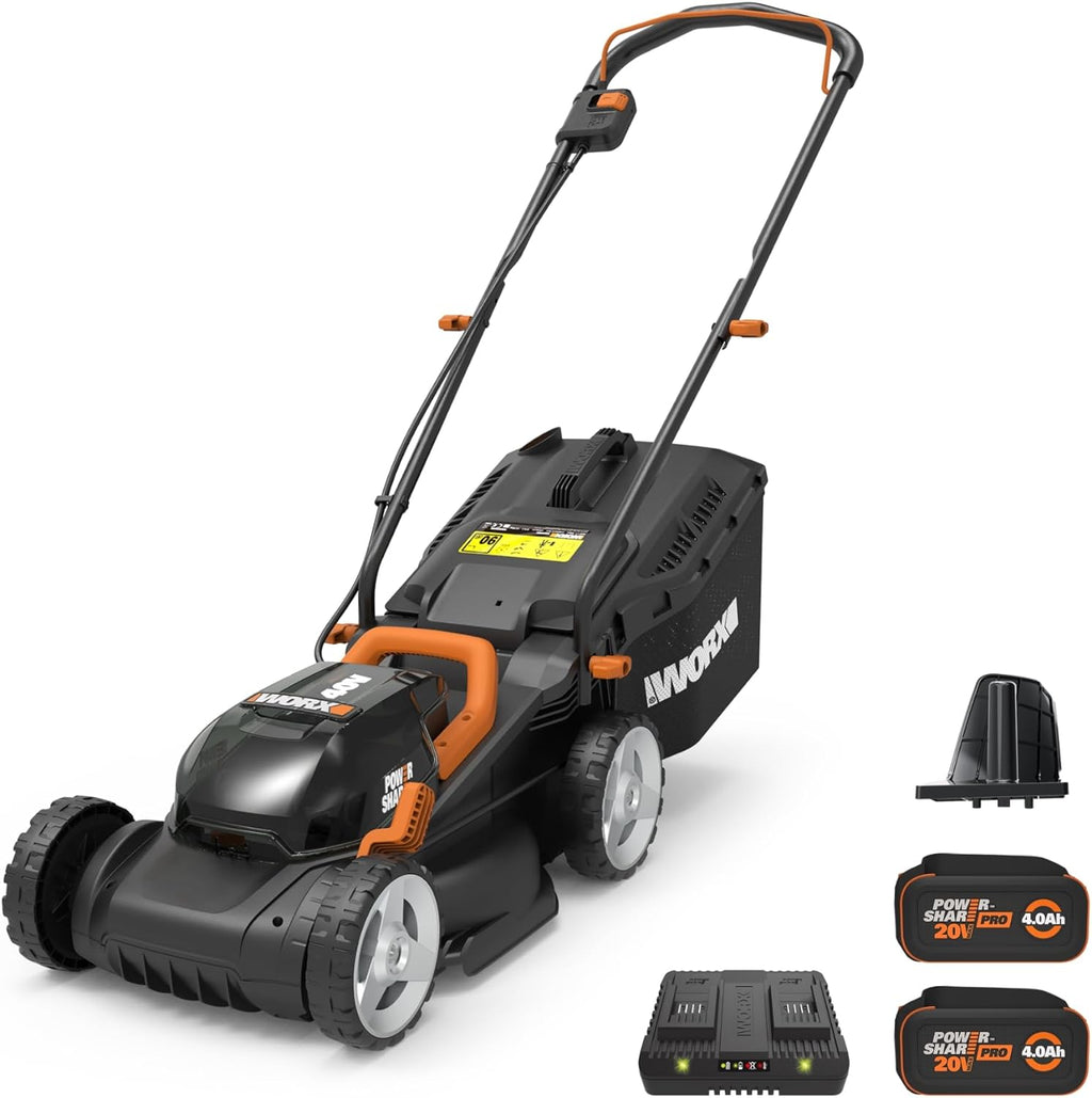 WORX 14" Cordless Lawn Mower  2 in 1 Electric Mower Cuts Quietly  Compact & Lightweight Push Lawn Mower with 6-Position Height Adjustment for Small Yards  2 Batteries & Charger Included  WG779