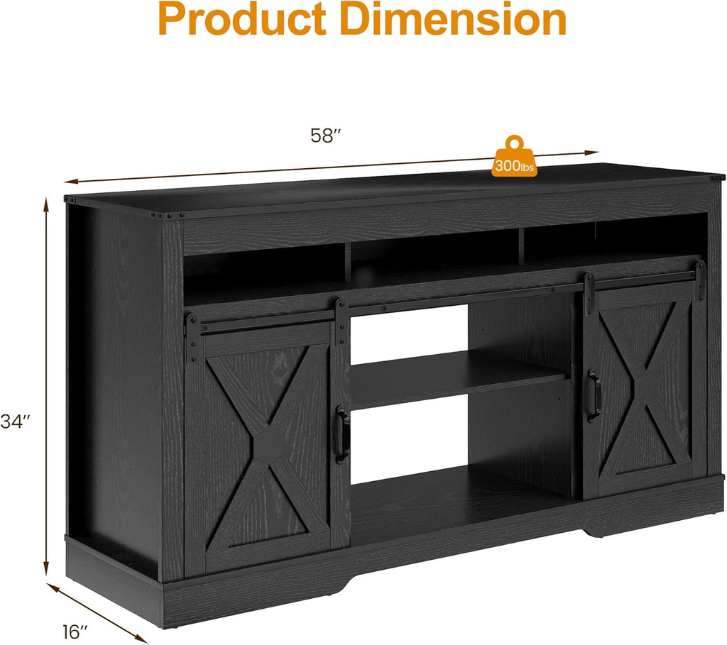 RoyalCraft Farmhouse TV Stand for 65+ Inch TV, Tall Entertainment Center with Storage Cabinets and Sliding Barn Doors, Mid Century Modern Media TV Console Table for Living Room (Black)
