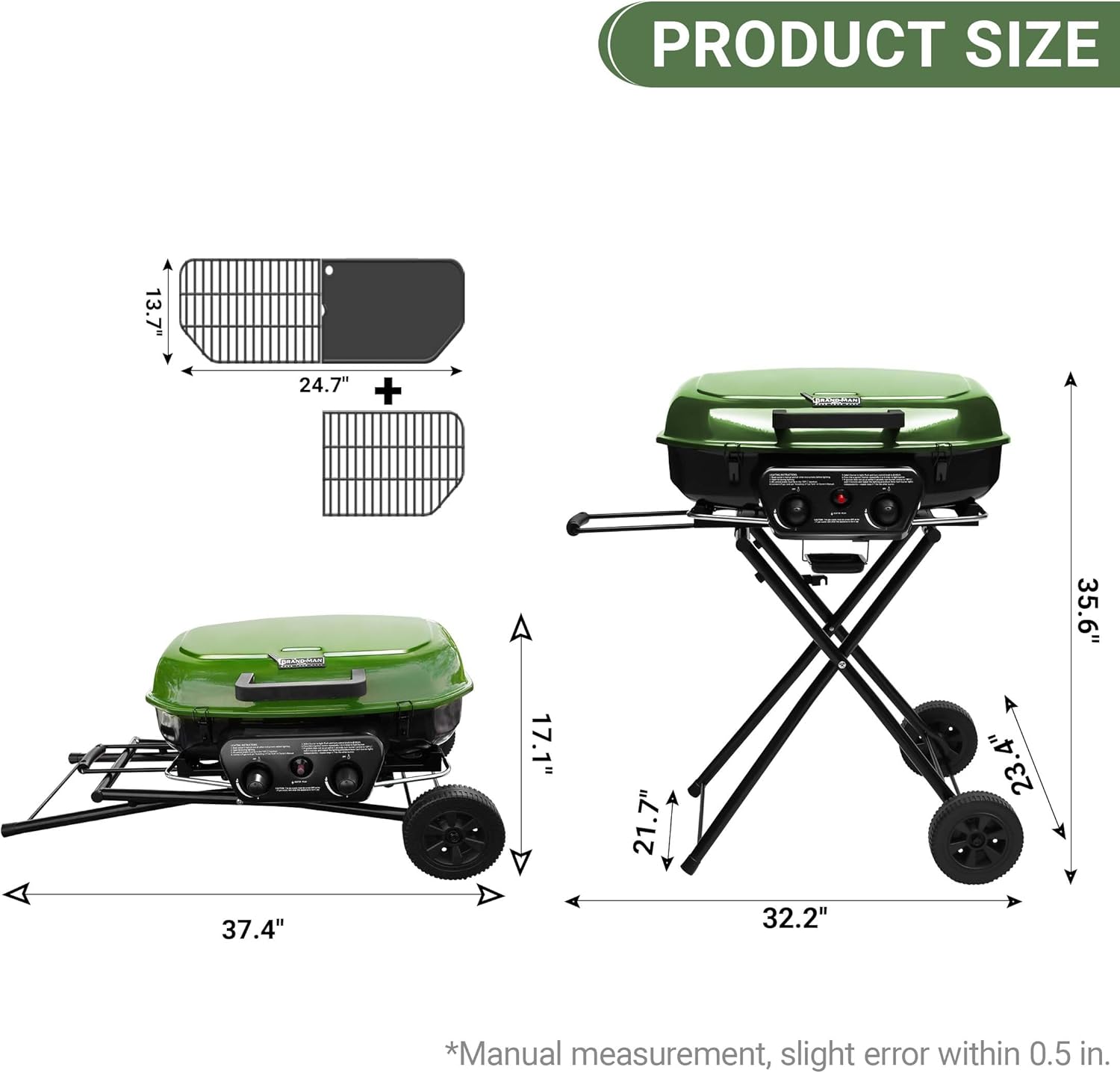 Brand-Man Propane Gas Grill  Portable Standup Grill with Folding Cart & Push-Button Ignition  Ideal for Camping  Tailgating  BBQ  Backyard  Patio & More